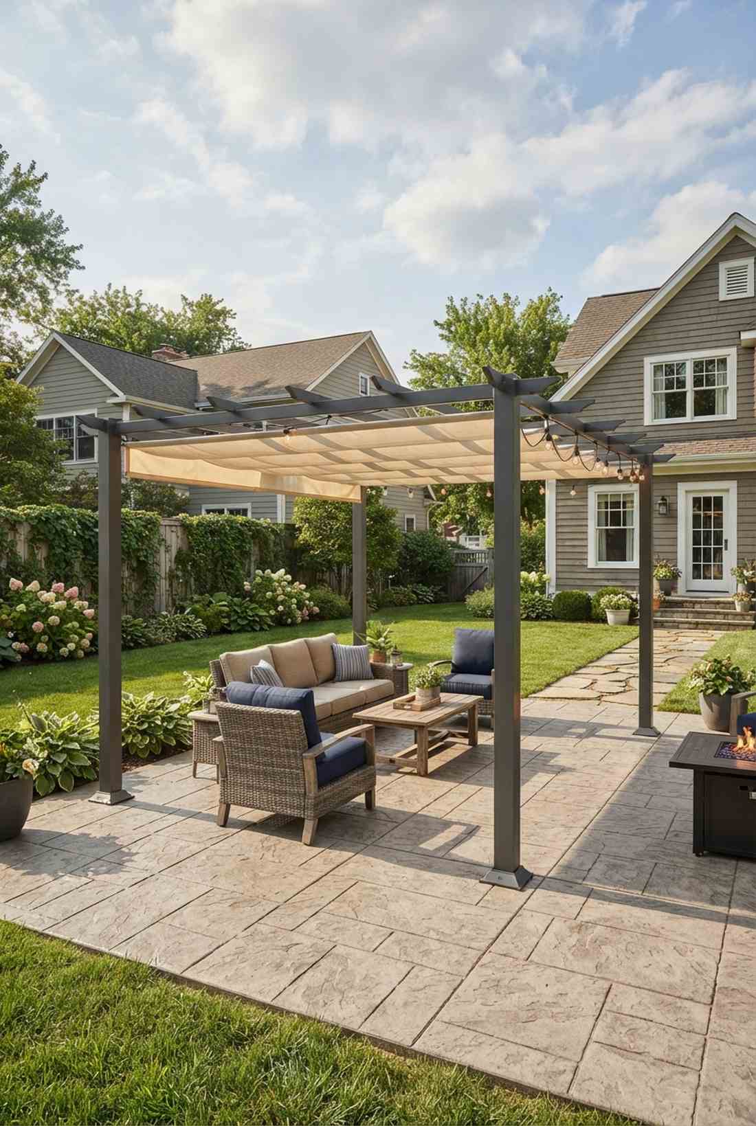 pergola with retractable canopy coverage