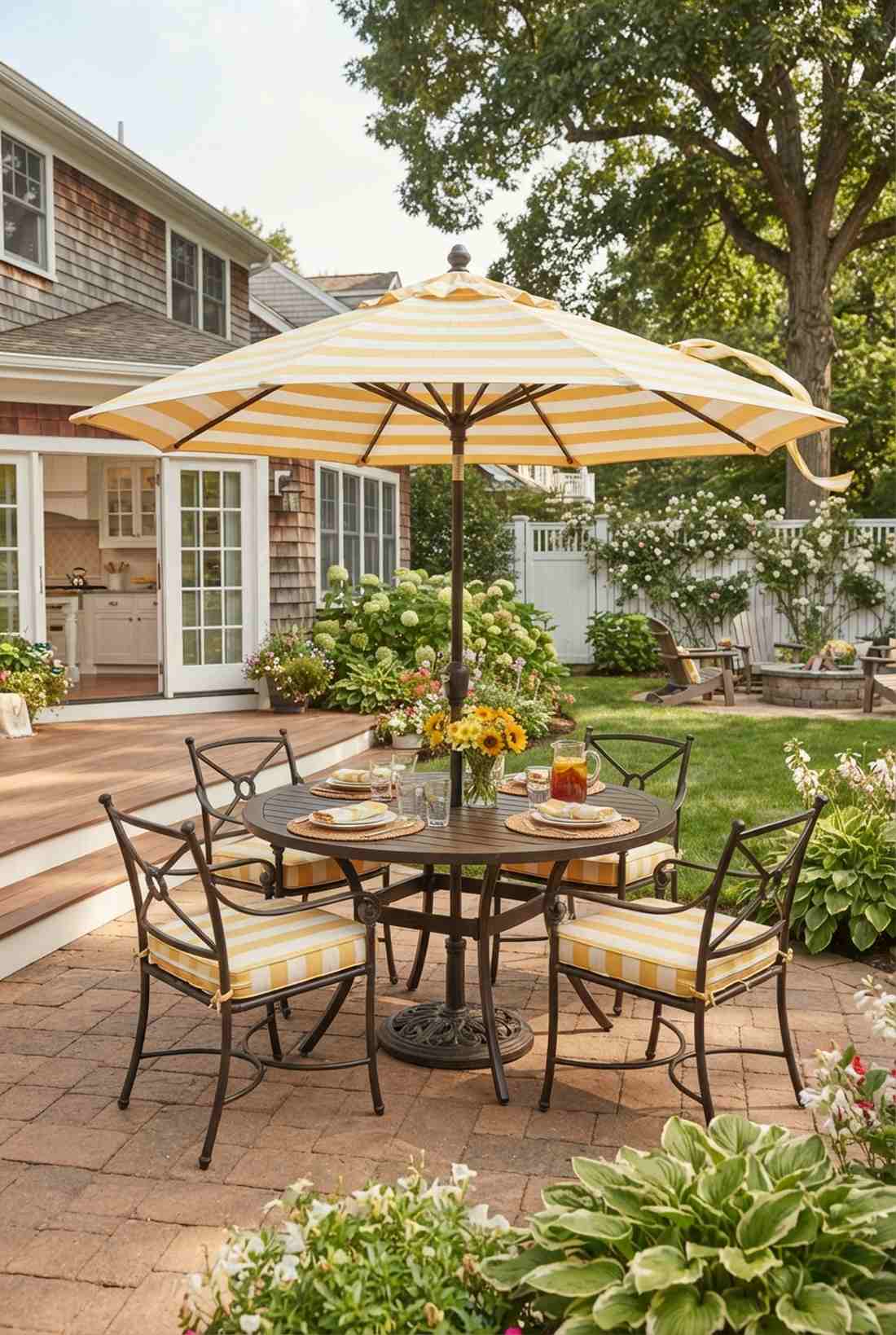 yellow striped umbrella with coordinating cushions