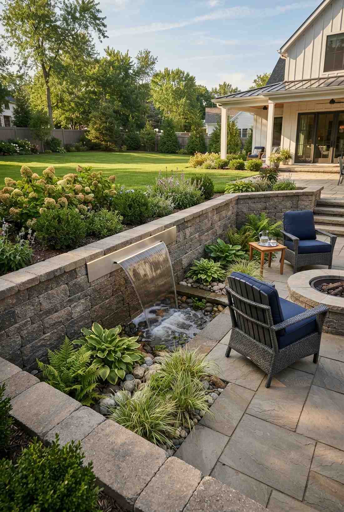 corner waterfall with retaining wall