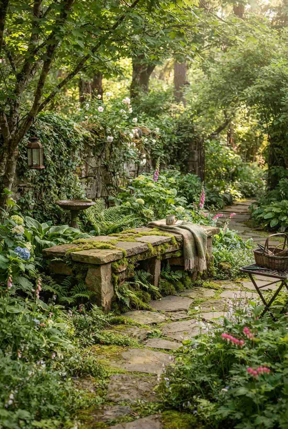 flagstone bench with moss joints