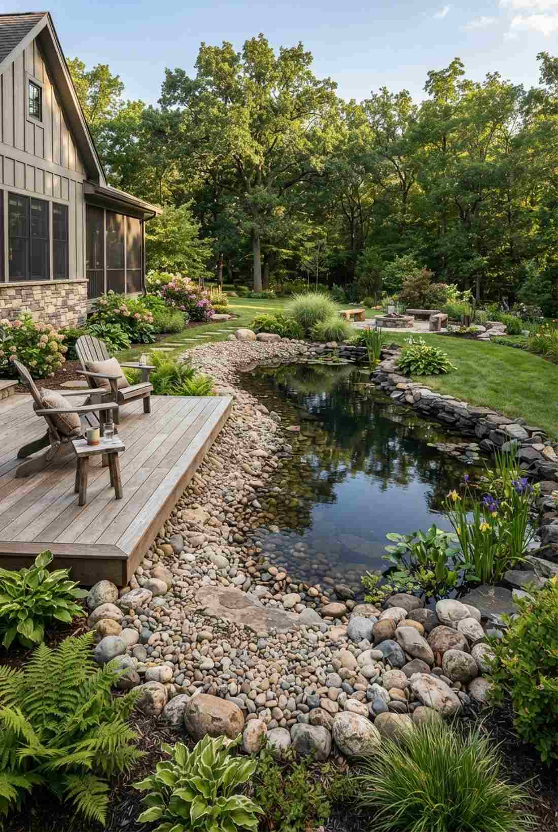 stone lined pond with beach edge
