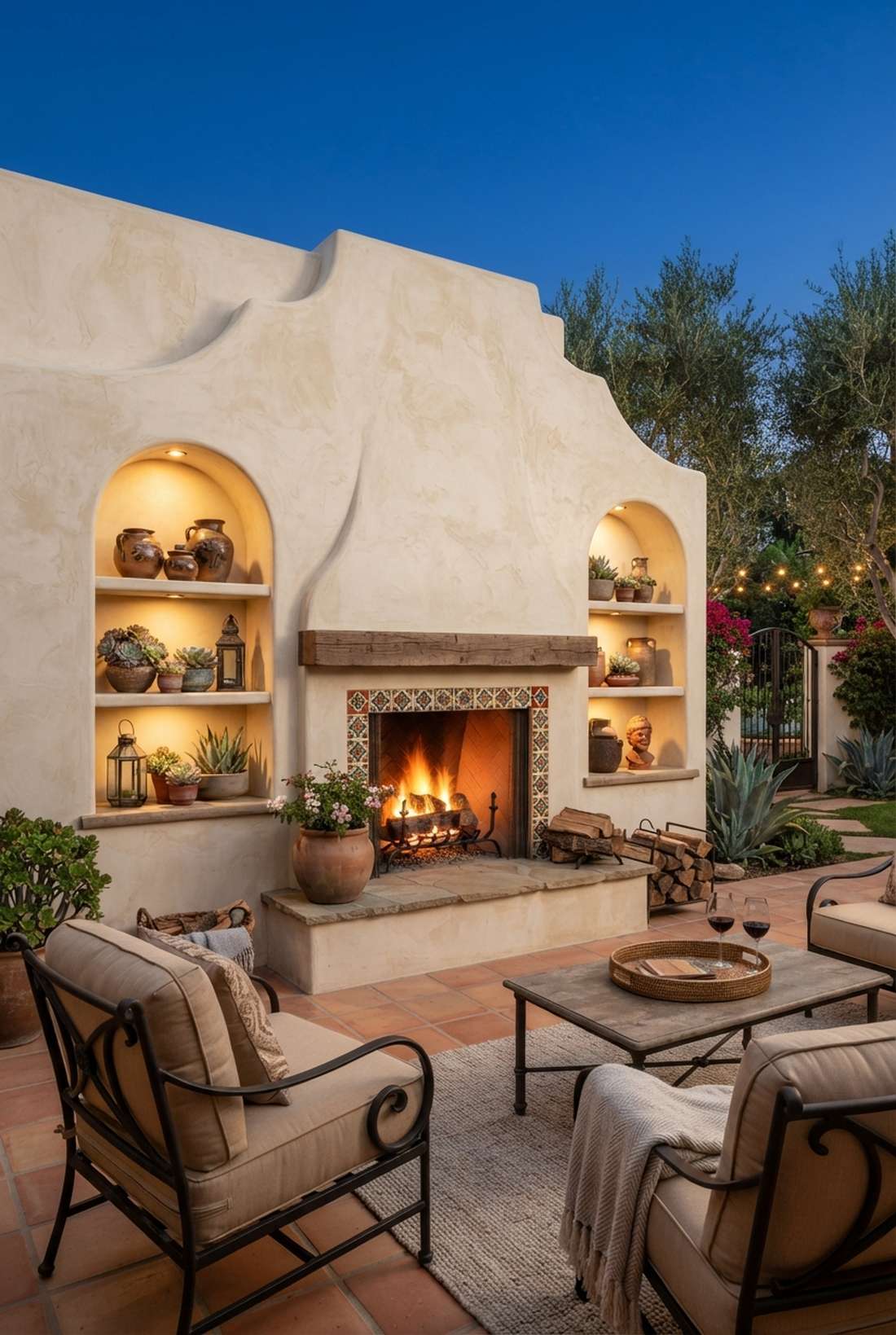 fireplace wall with arched niches and display shelves