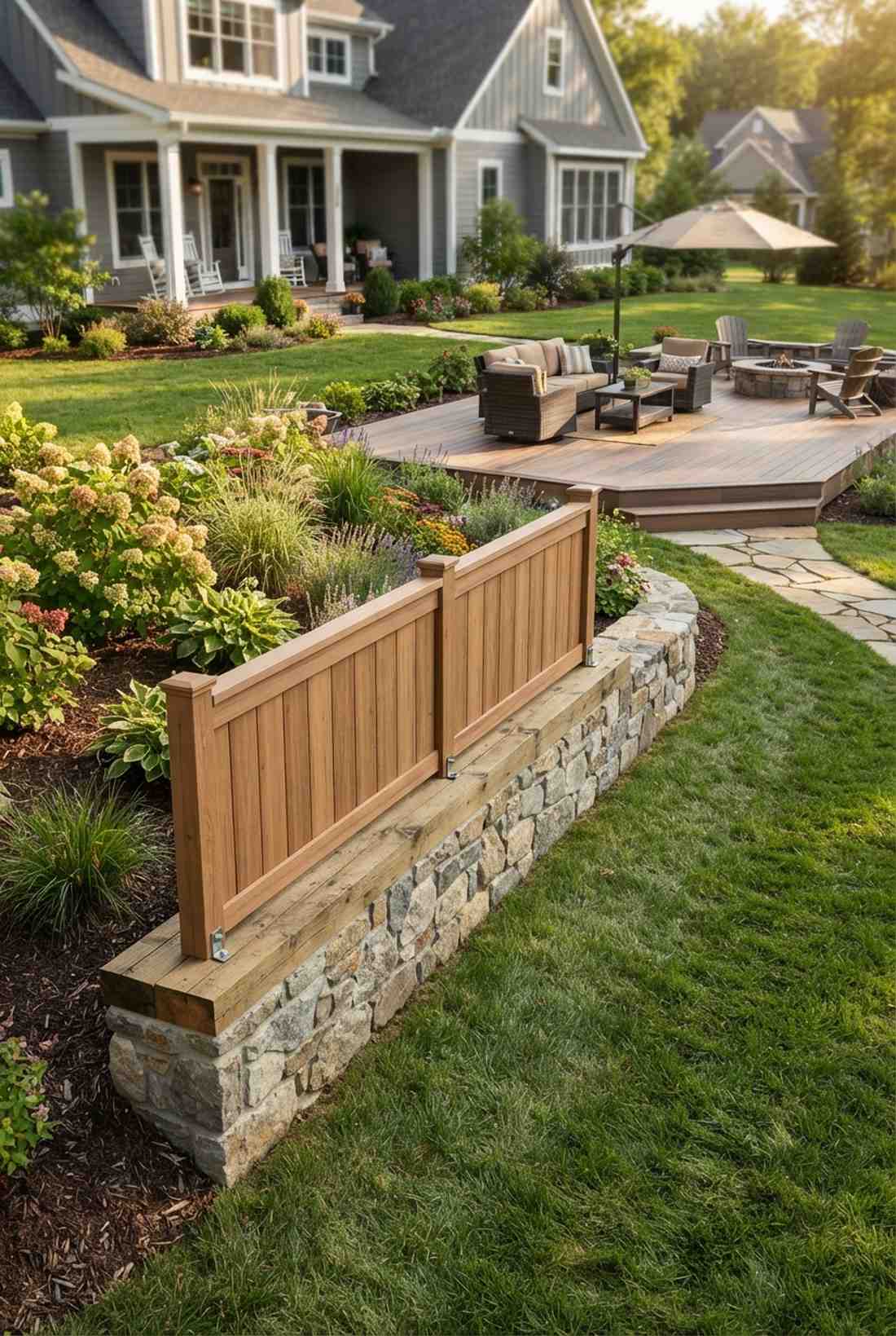 low stone wall with wood top