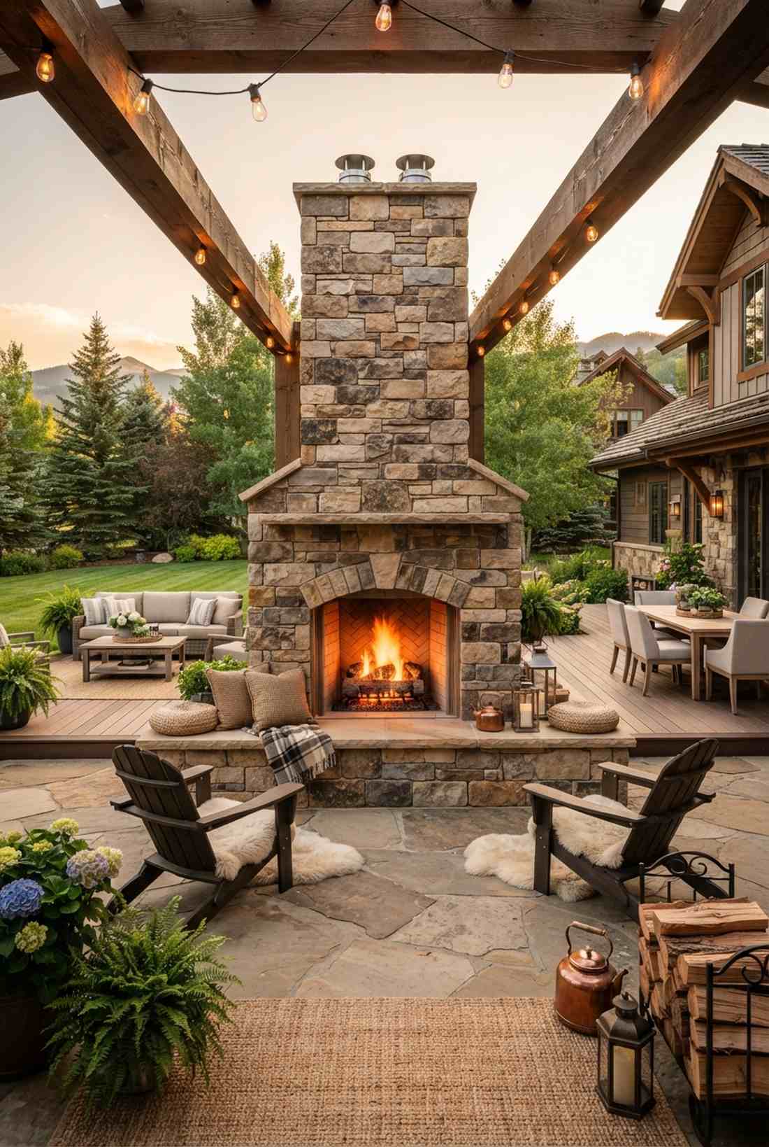 outdoor fireplace with stone chimney