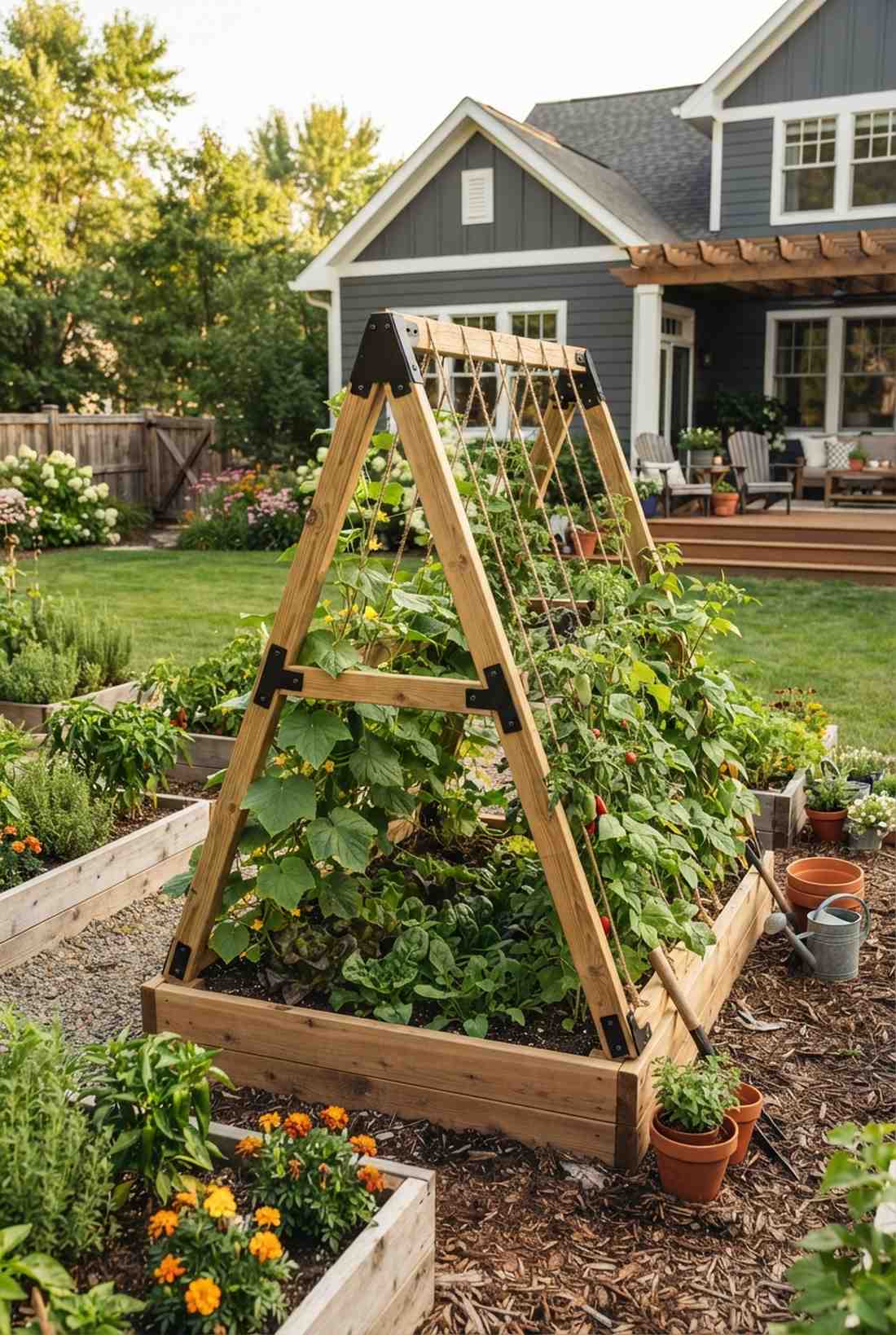 a frame teepee for climbing vegetables