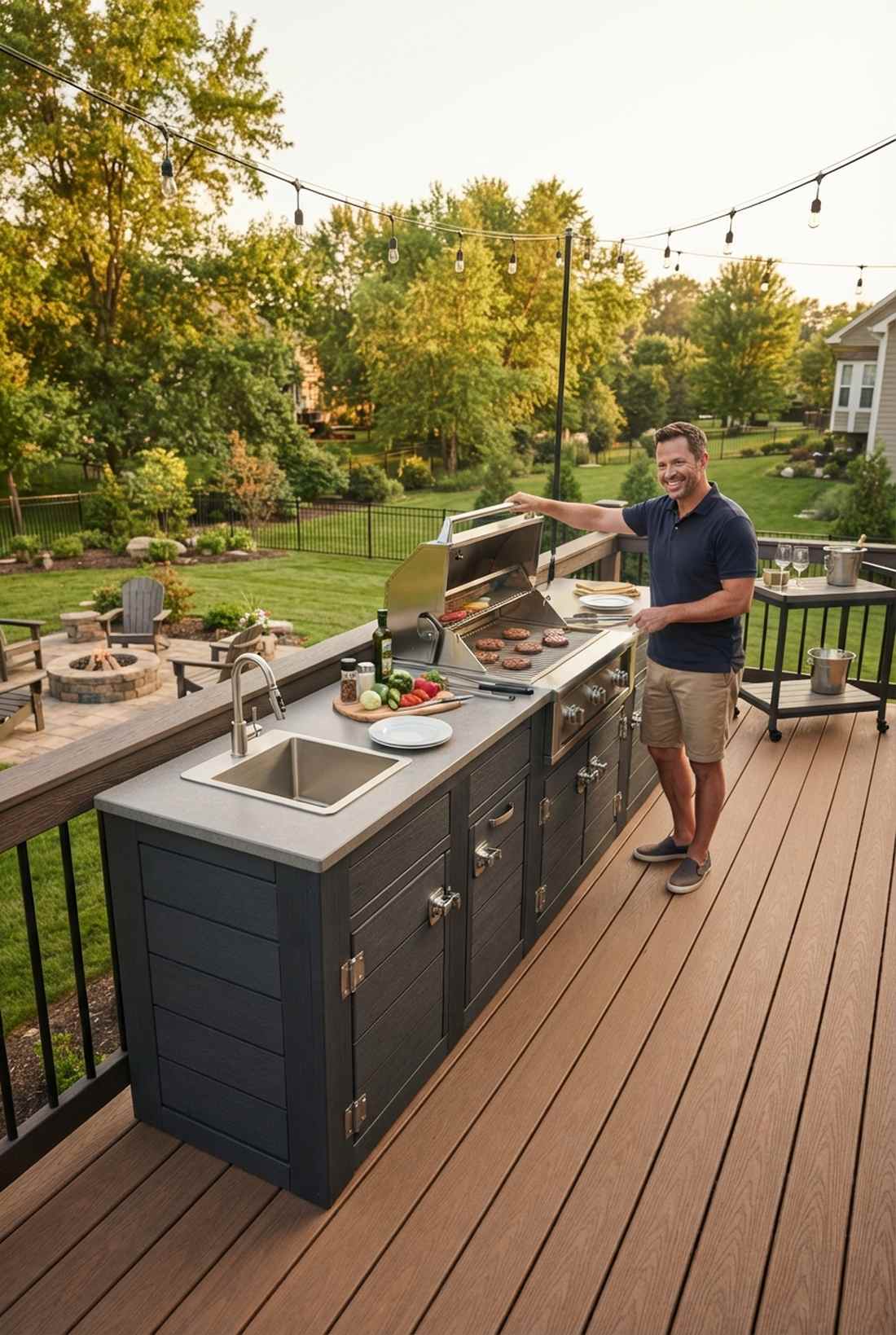 deck rail integrated linear kitchen