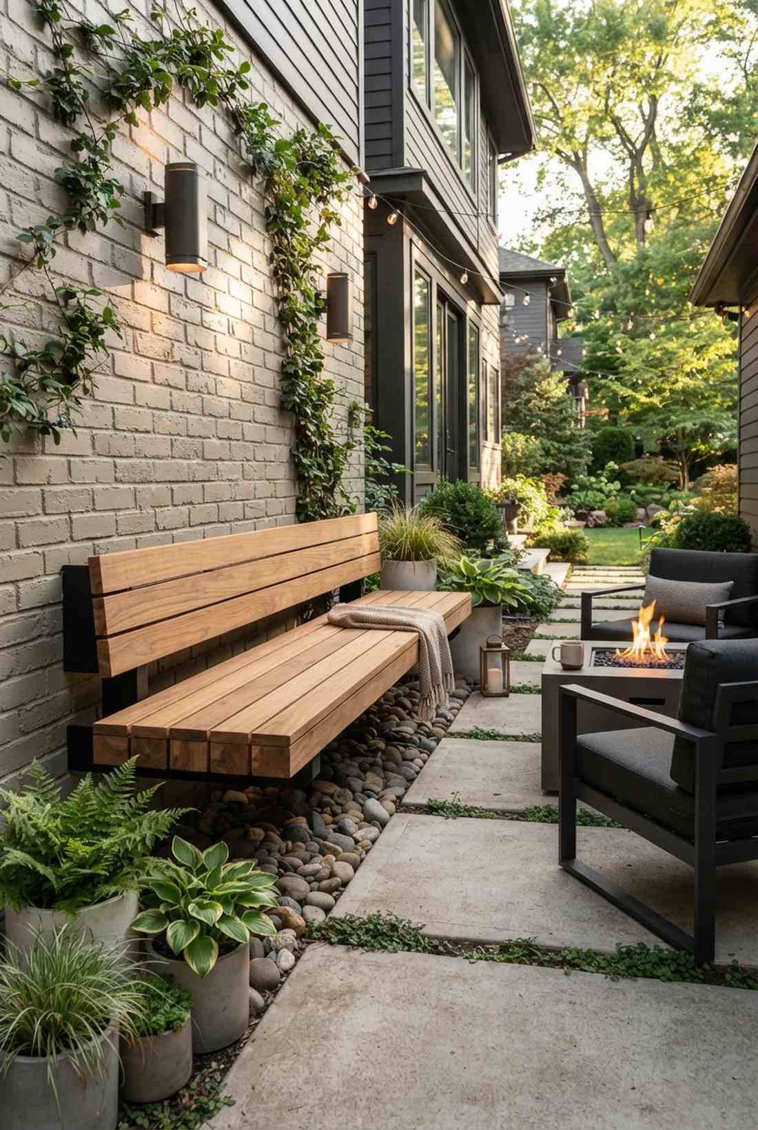 floating wood bench with steel brackets