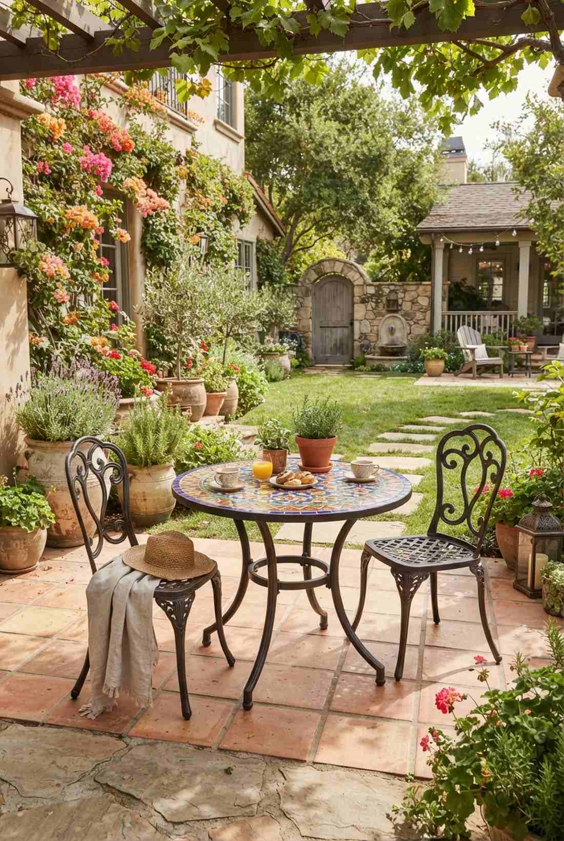 mosaic tile bistro with wrought iron