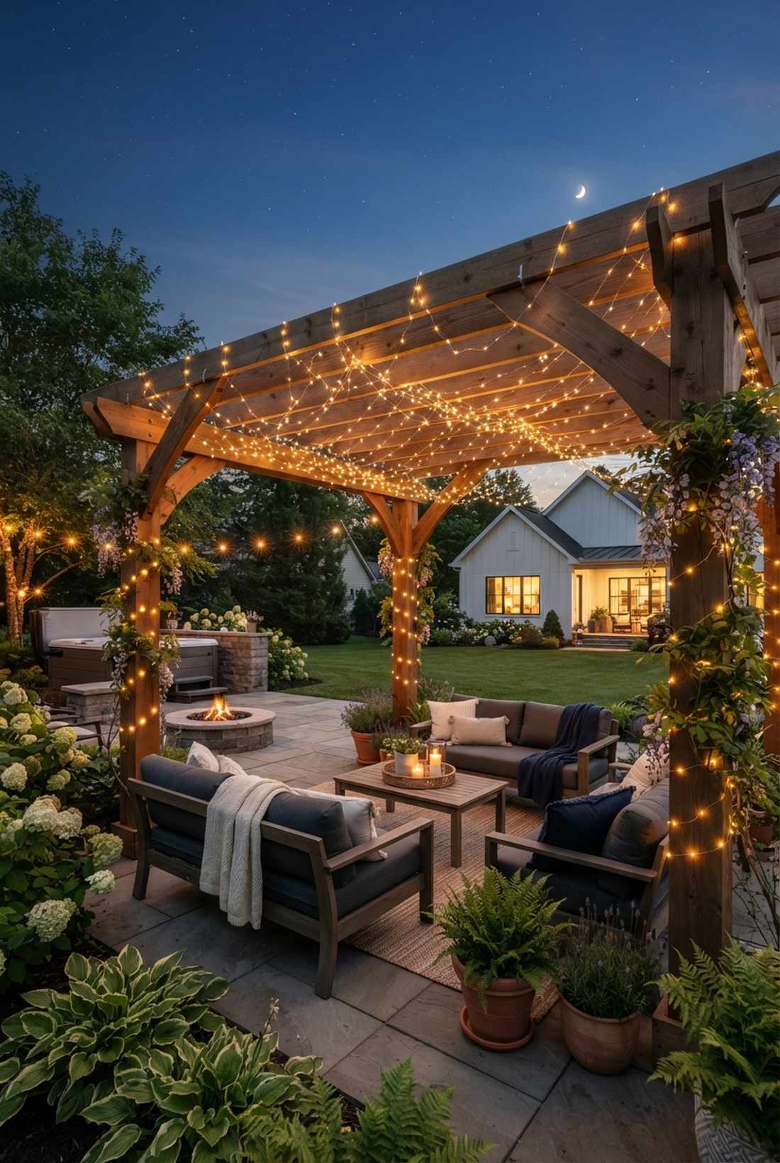 pergola draped fairy lights