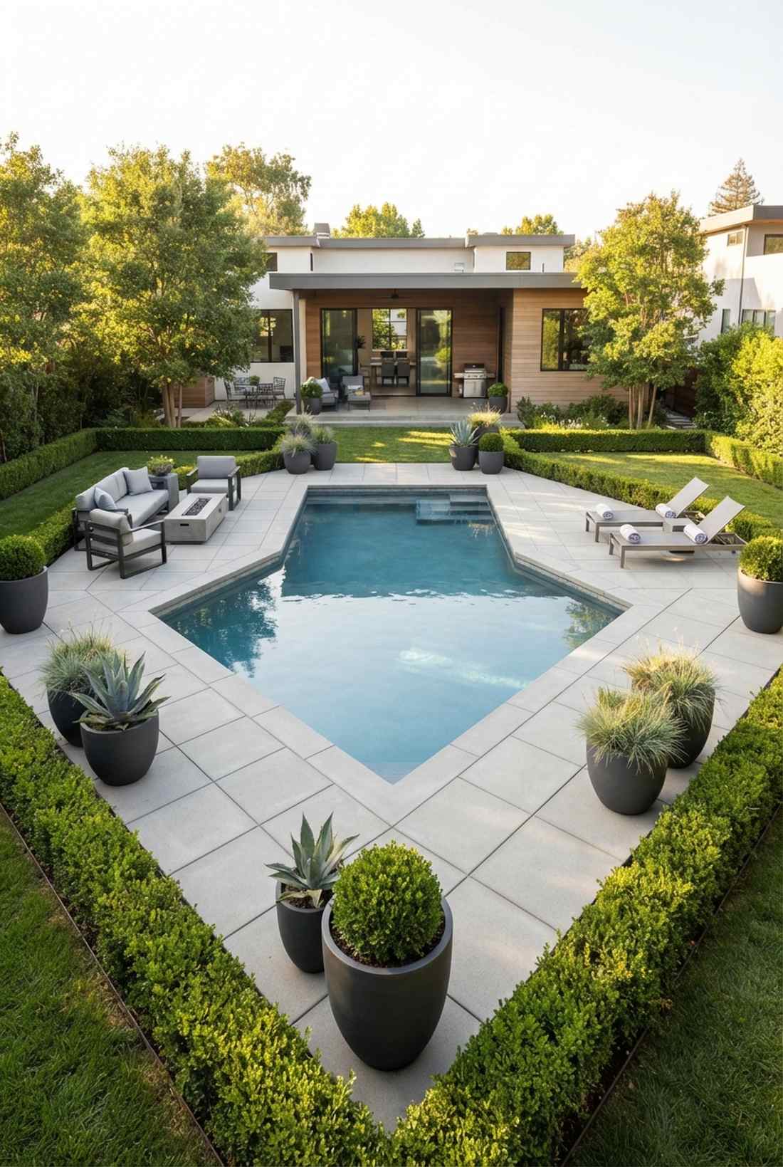 square pool surrounding deck
