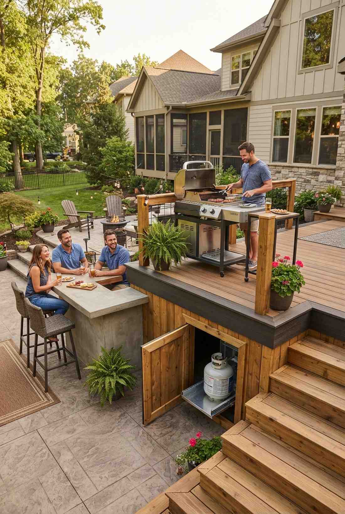elevated grill deck with lower bar patio