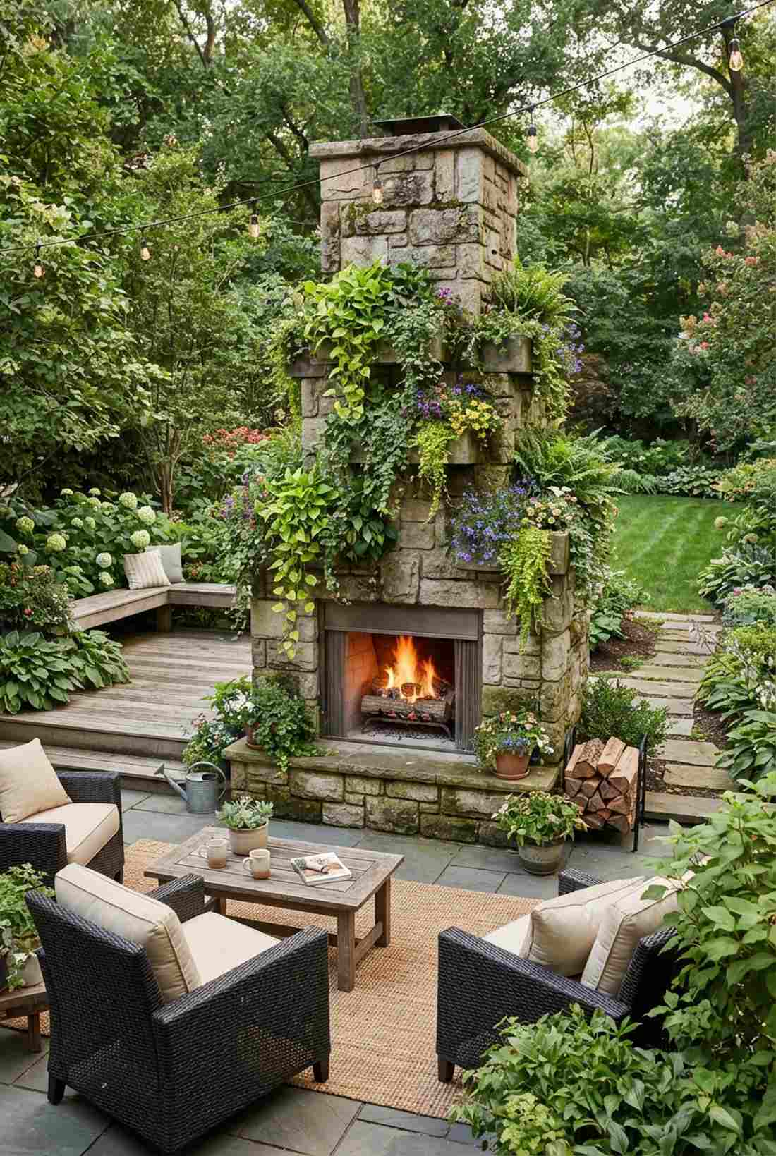 fireplace with integrated planters and green wall