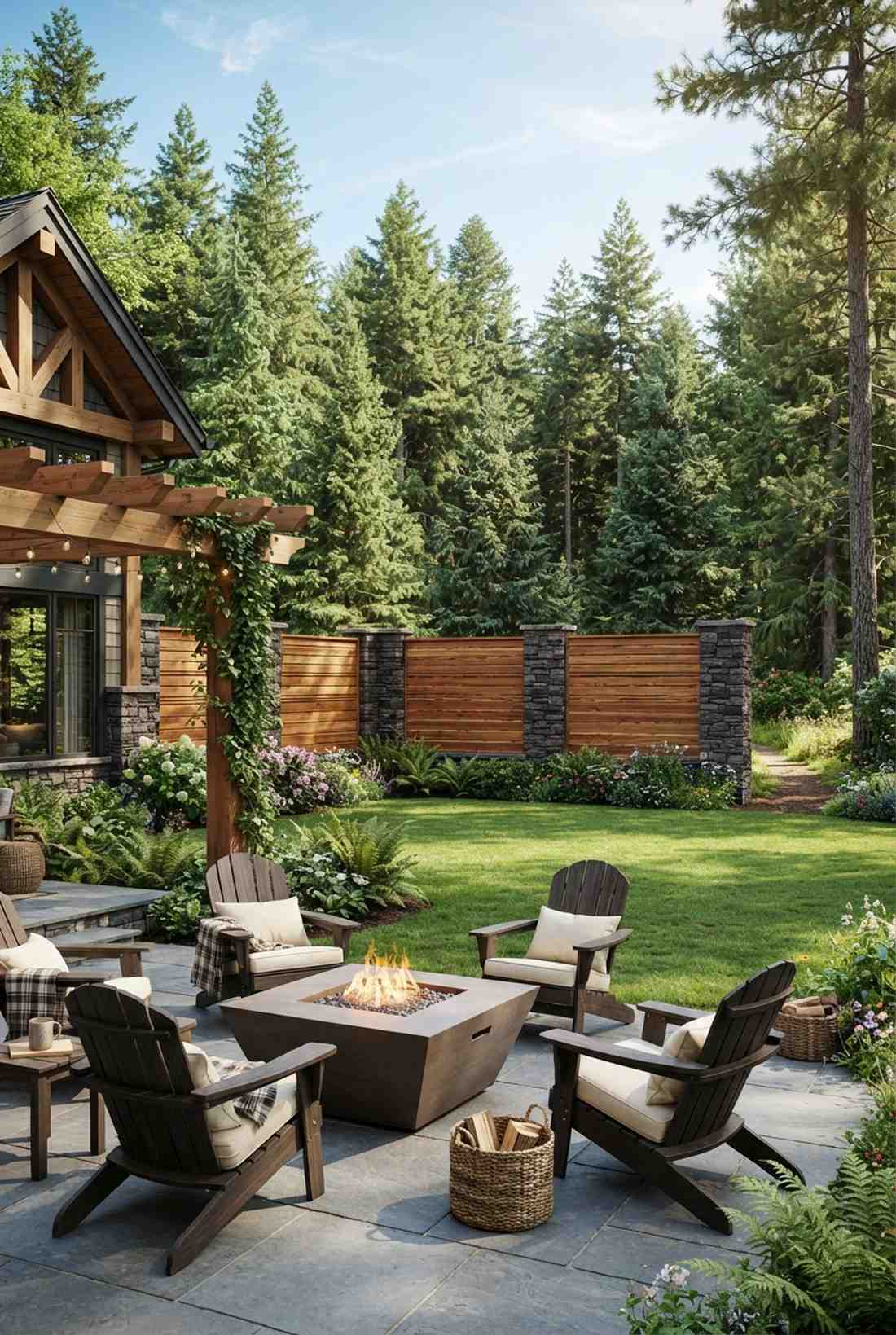 stone and cedar slat fence