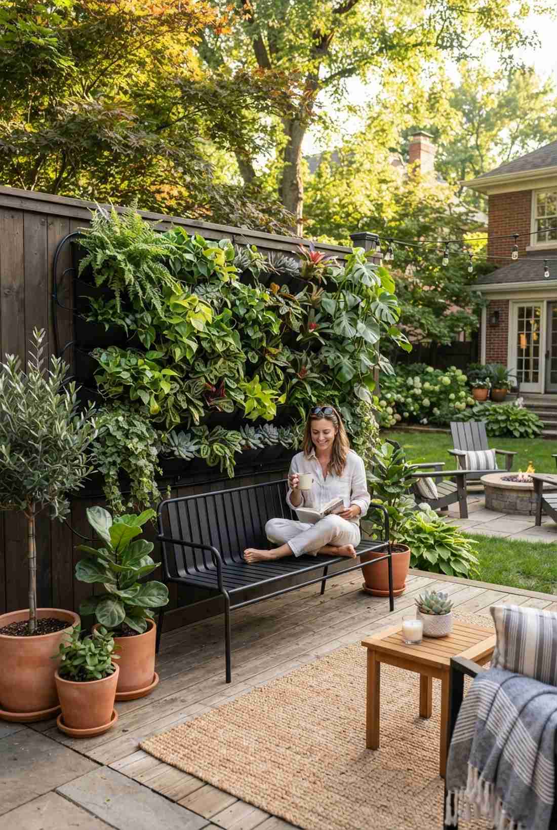 vertical wall garden with slim seating