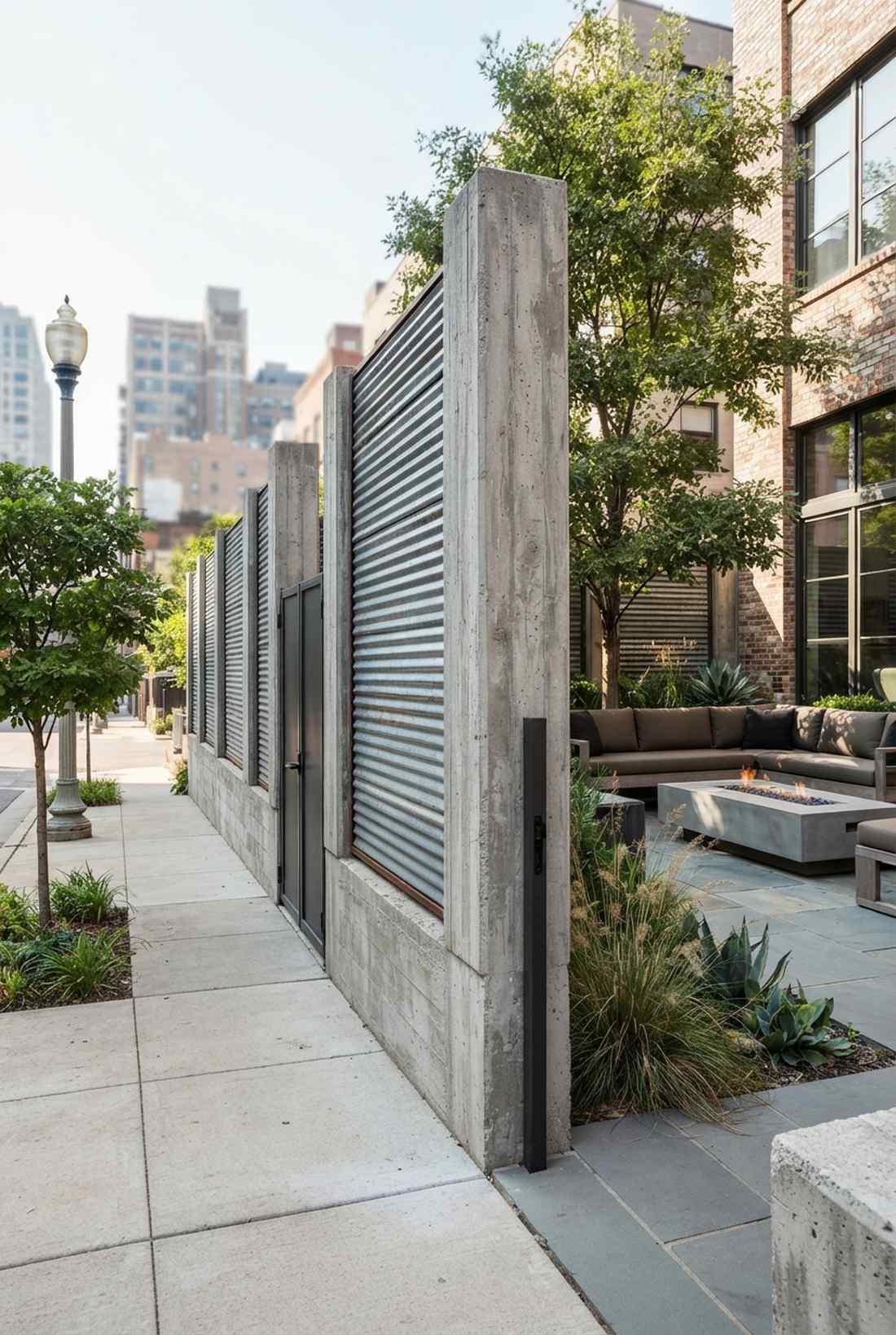 concrete and corrugated metal fence