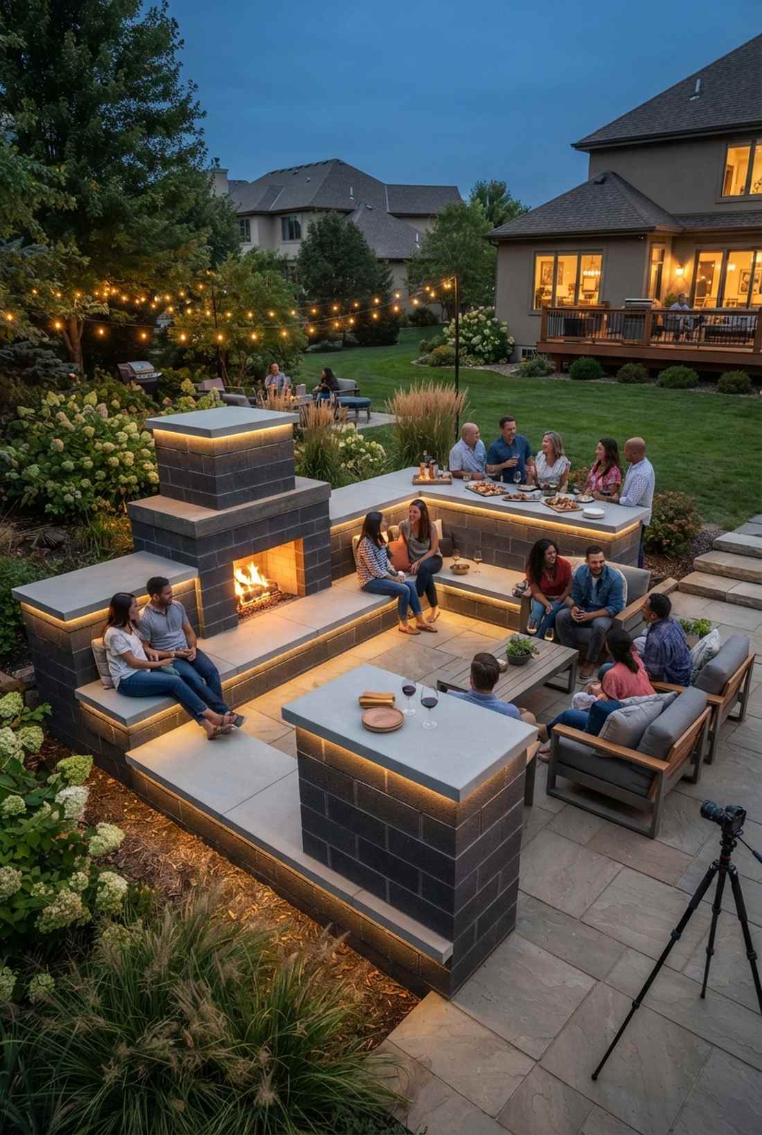 multi level fireplace with tiered hearths