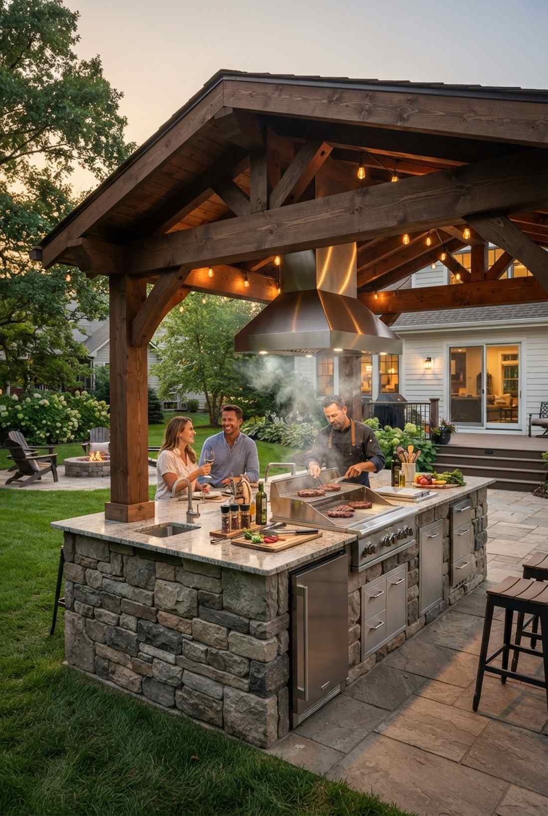 pergola with integrated outdoor kitchen
