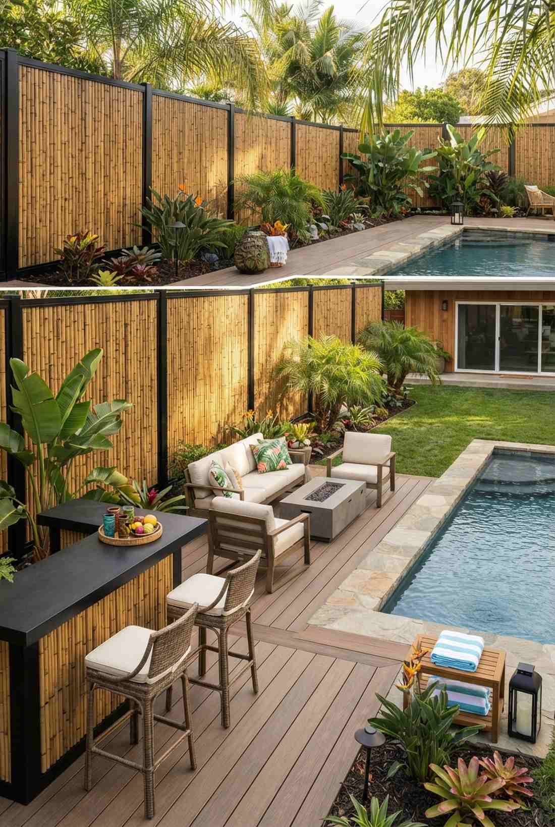 bamboo and black steel frame fence