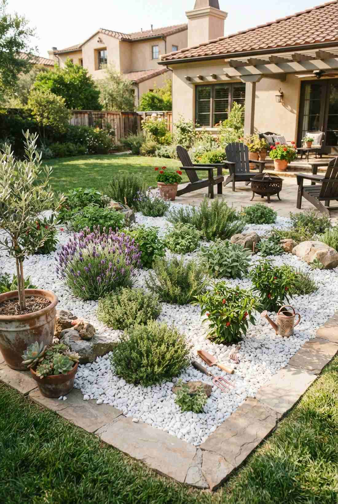 drought tolerant veggie and flower gravel bed