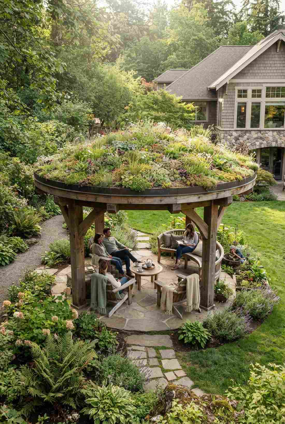 living roof pavilion with planted cover