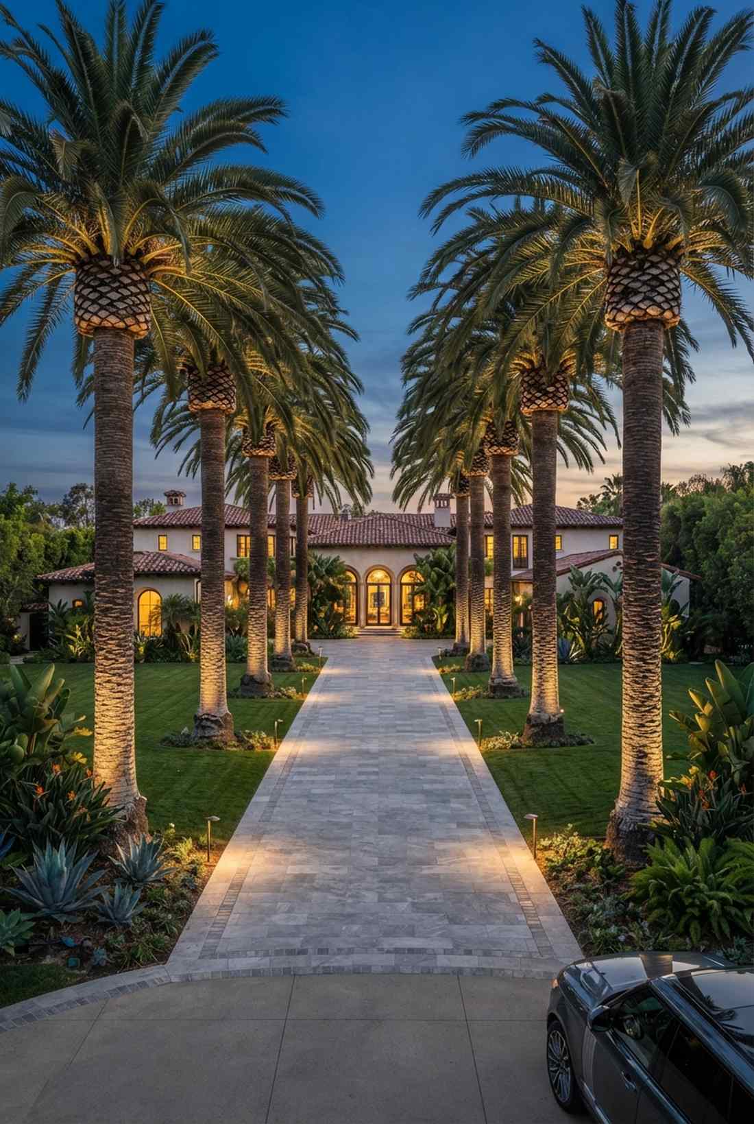 palm lined driveway approach