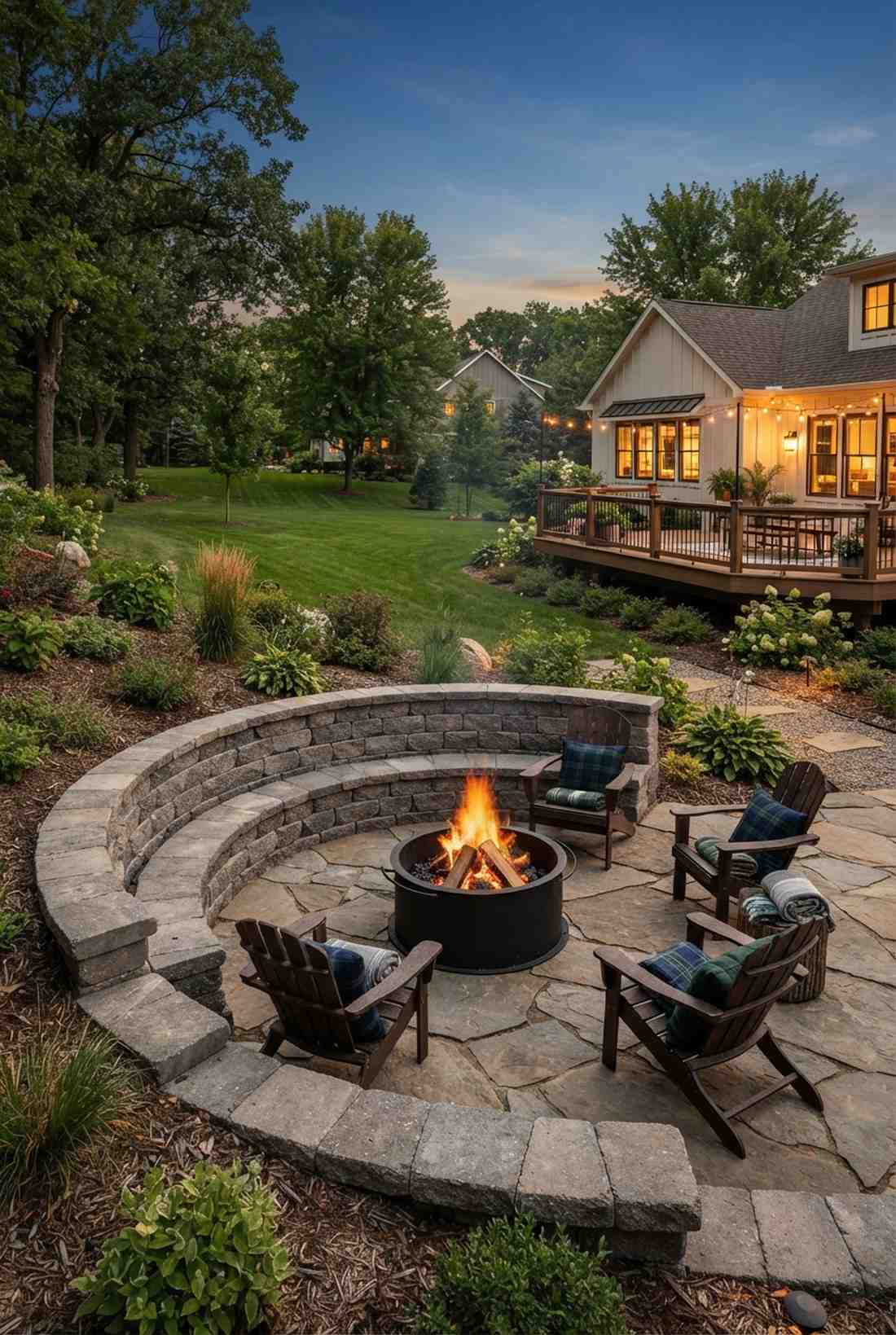 rustic fire ring with stone bench wall