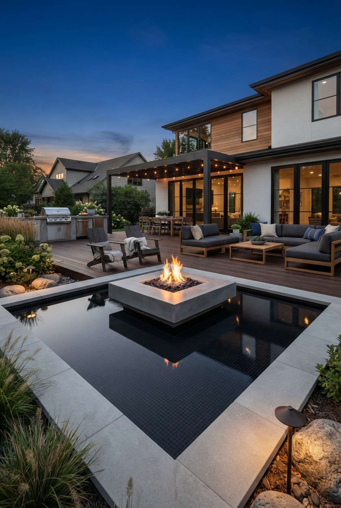modern fireplace with water basin surround