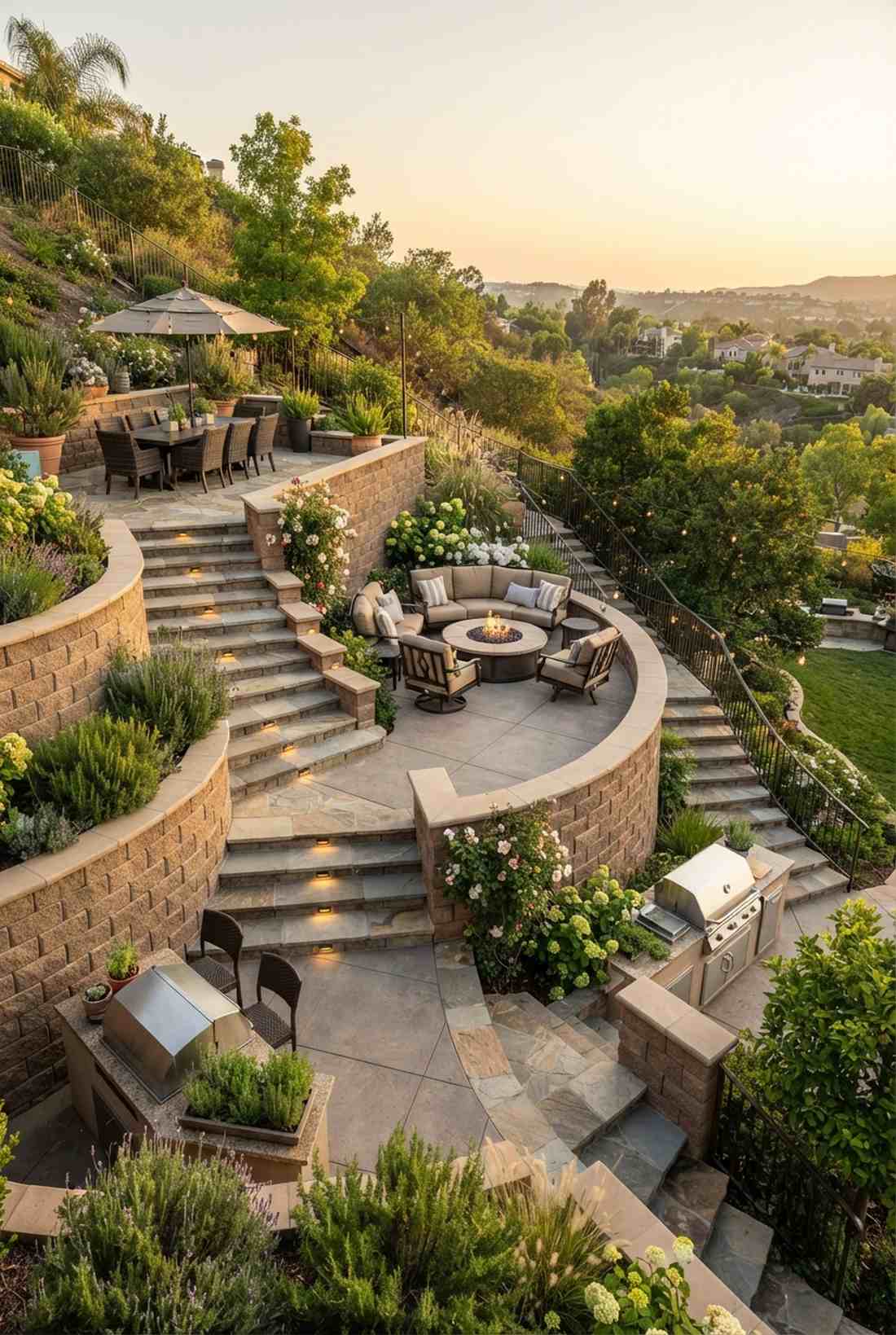terraced patios with connecting stairs
