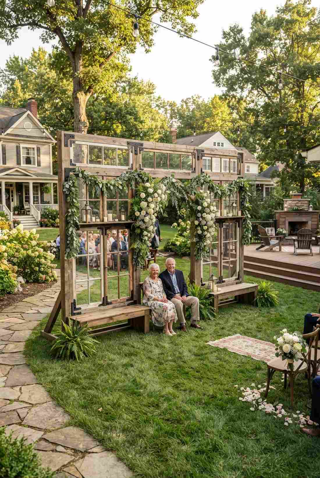window pane ceremony backdrop with built in seating