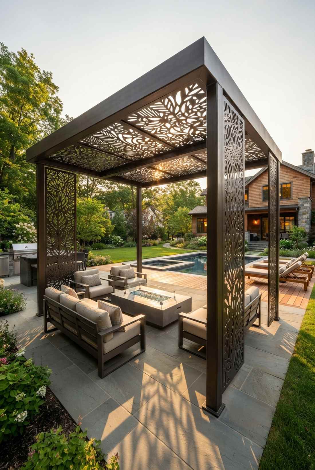 artistic metal pergola with custom pattern