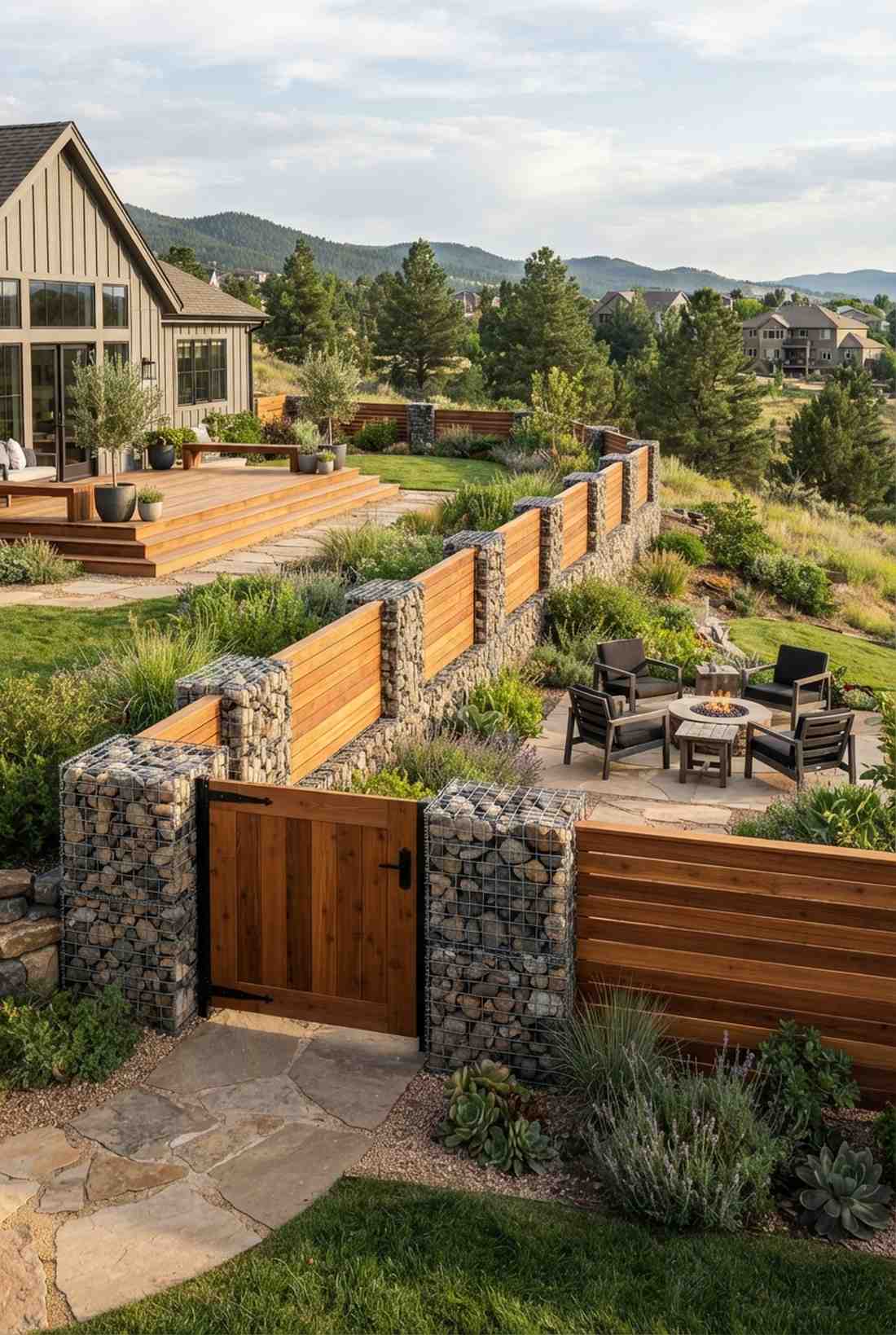 gabion and horizontal wood fence