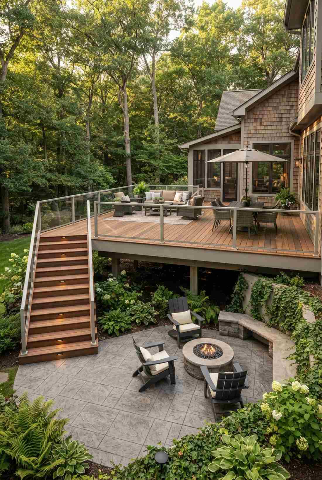 raised deck overlooking sunken patio