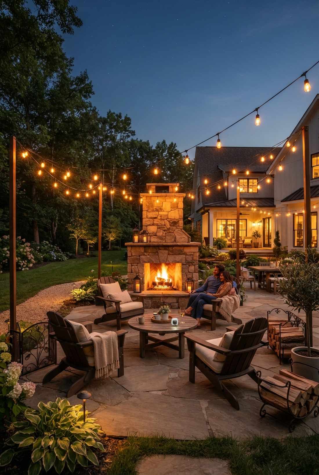 string lights overhead with fireplace focal point