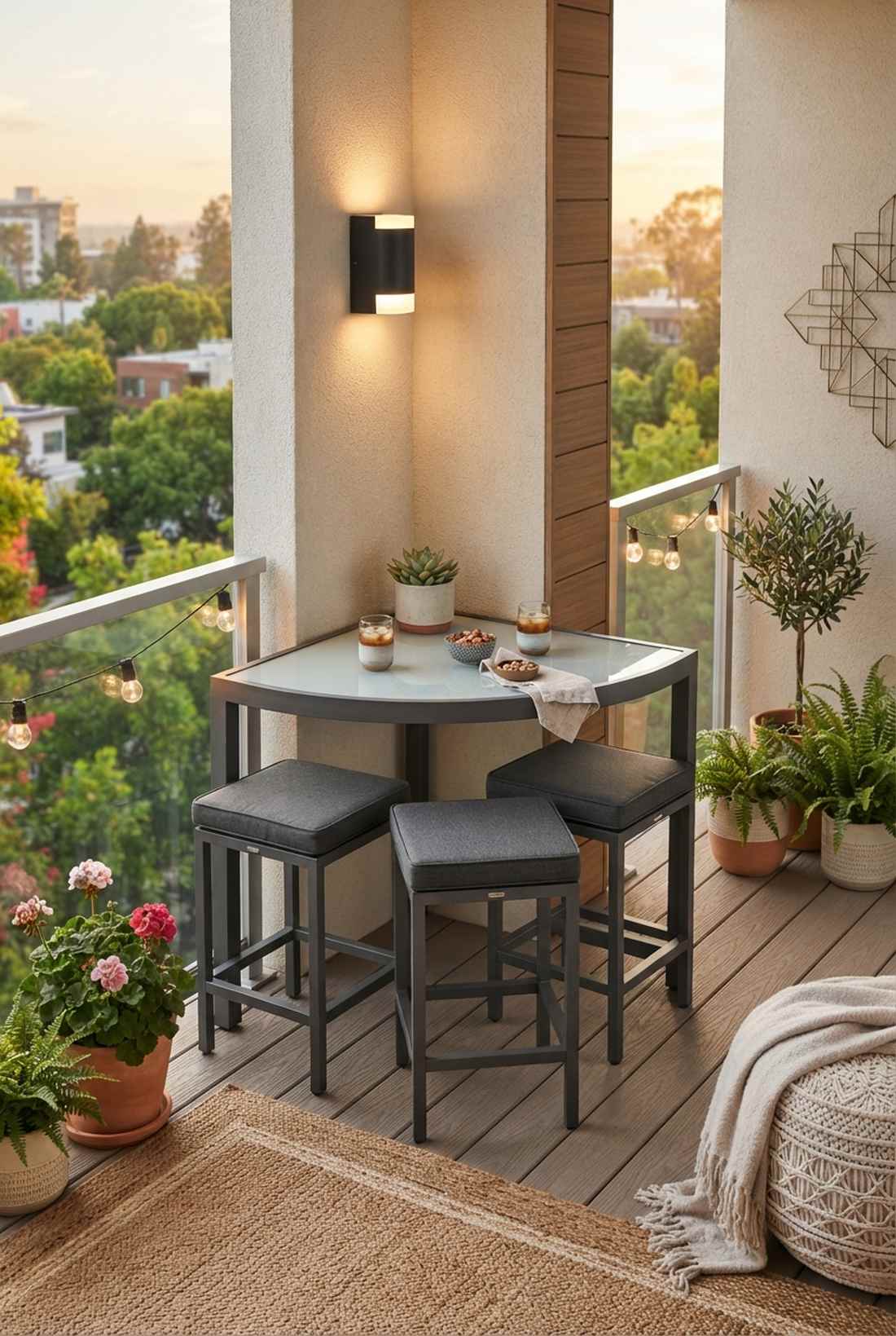 triangular corner table with stools