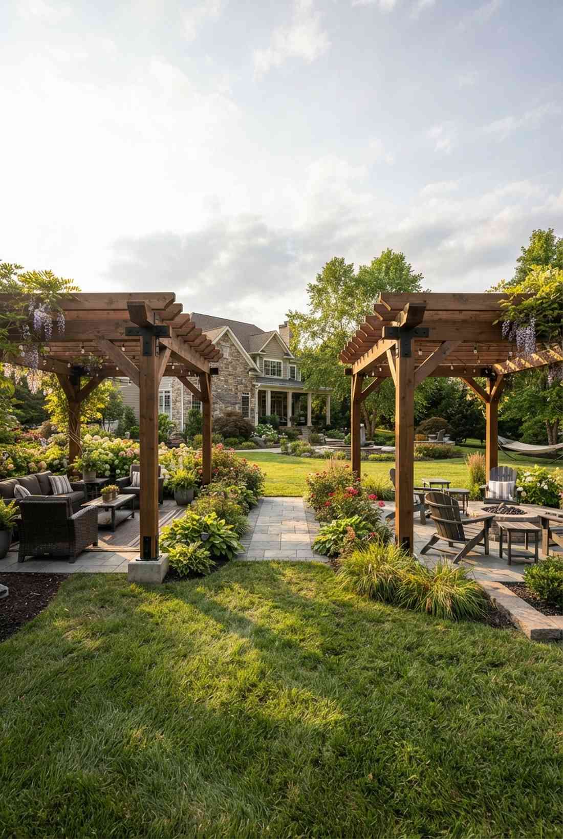 twin pergolas flanking paths