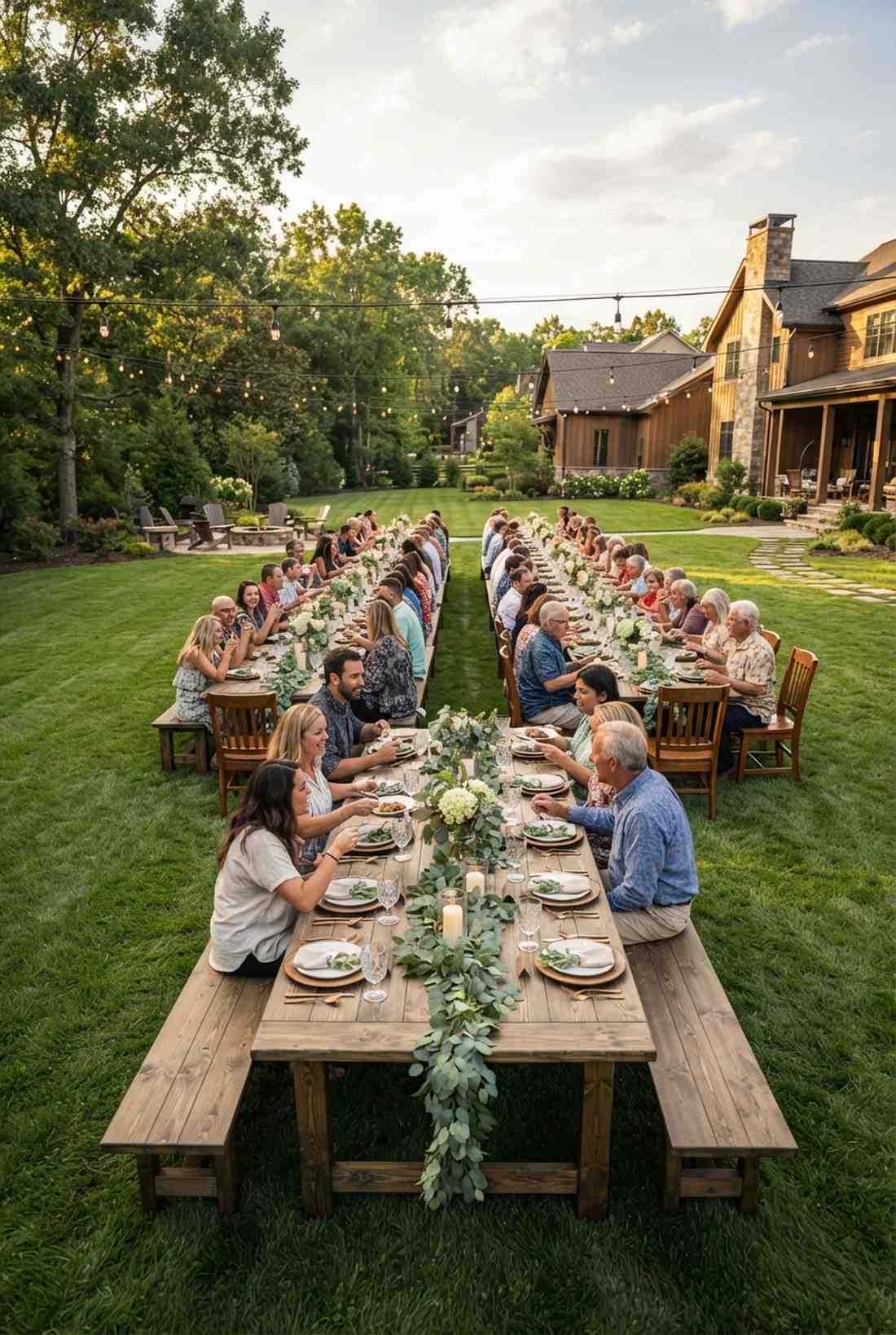long farm tables with bench seating