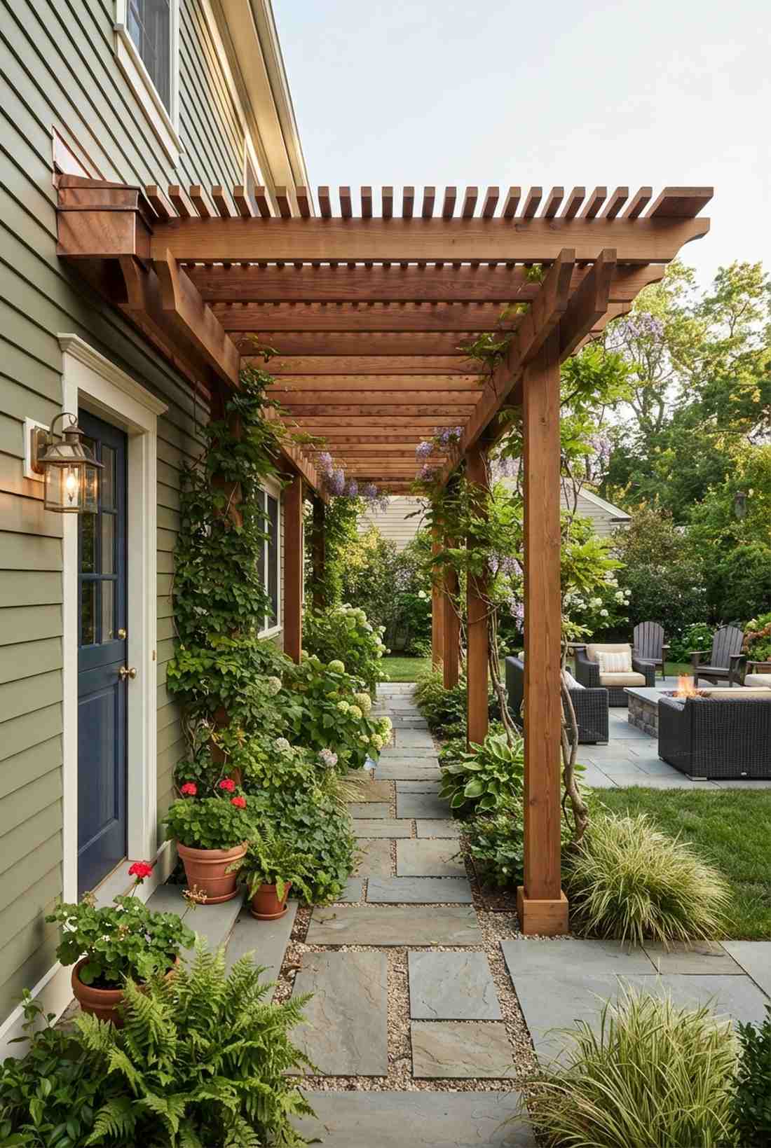 narrow attached pergola for walkways