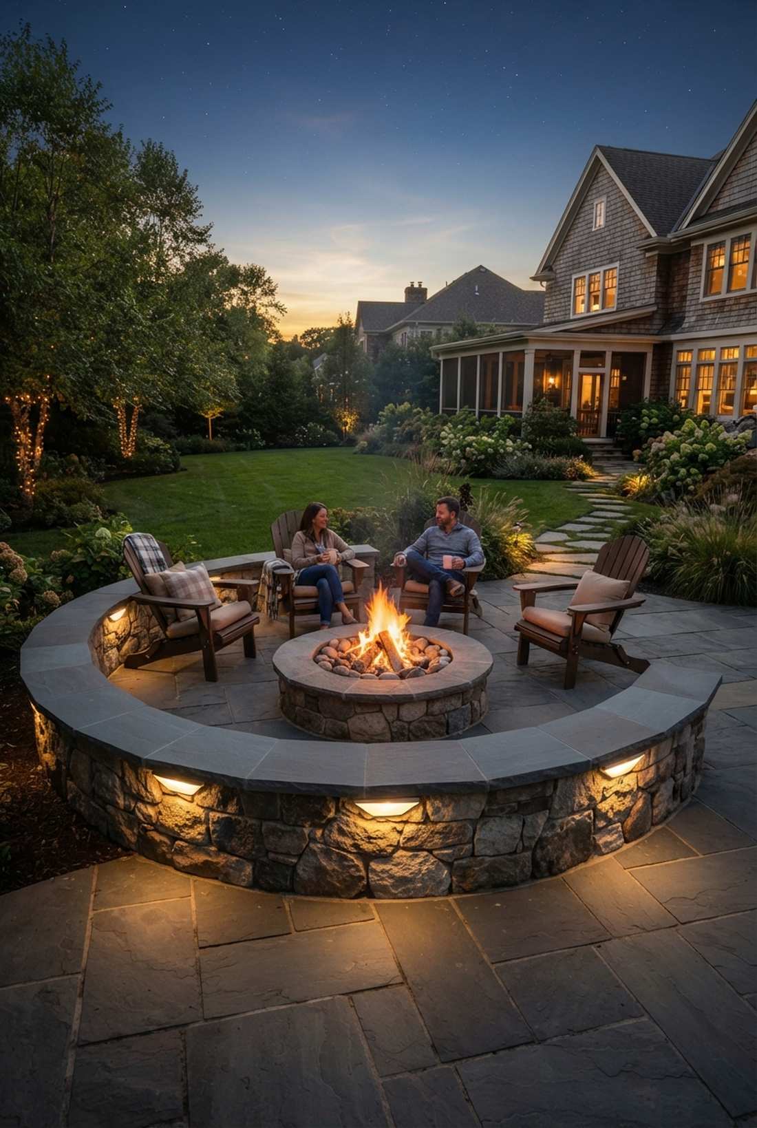 fire pit seating wall cap lights