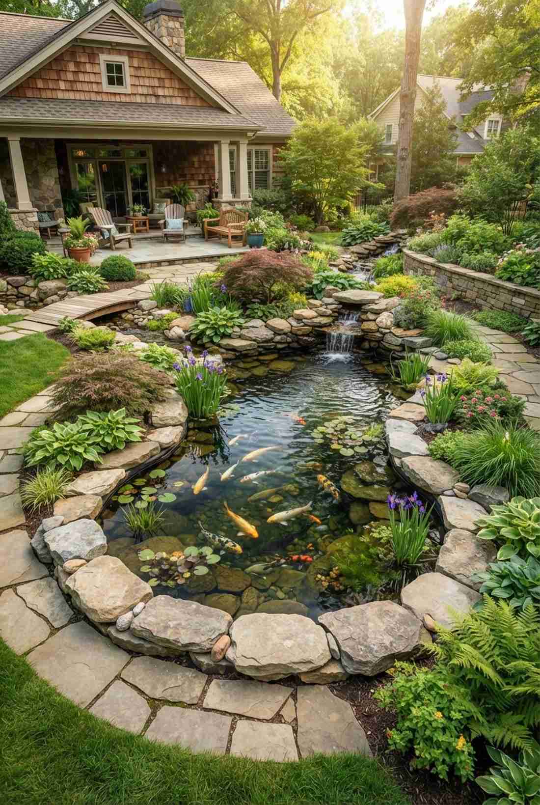 koi pond with stone edging