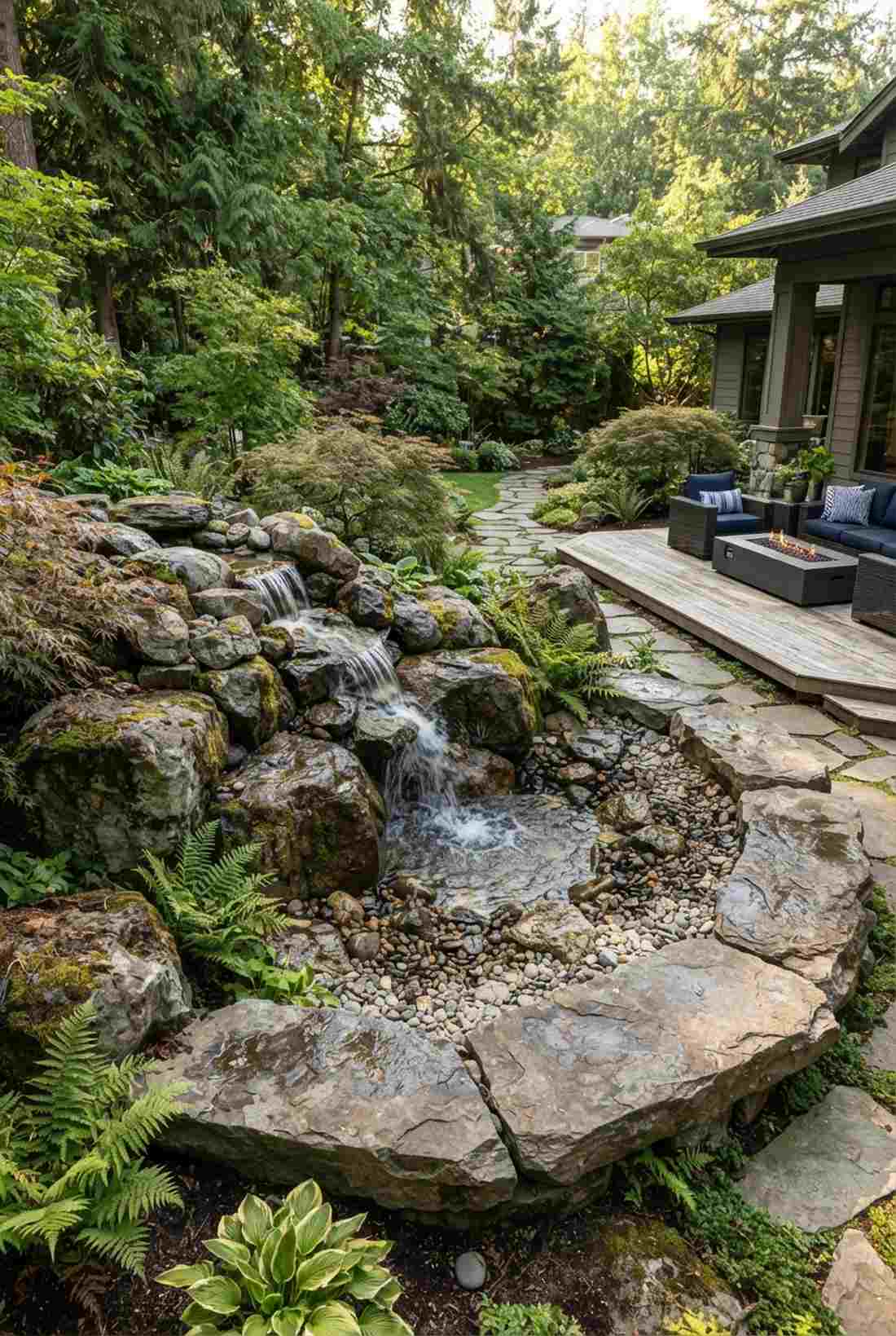 boulder waterfall with seating surround