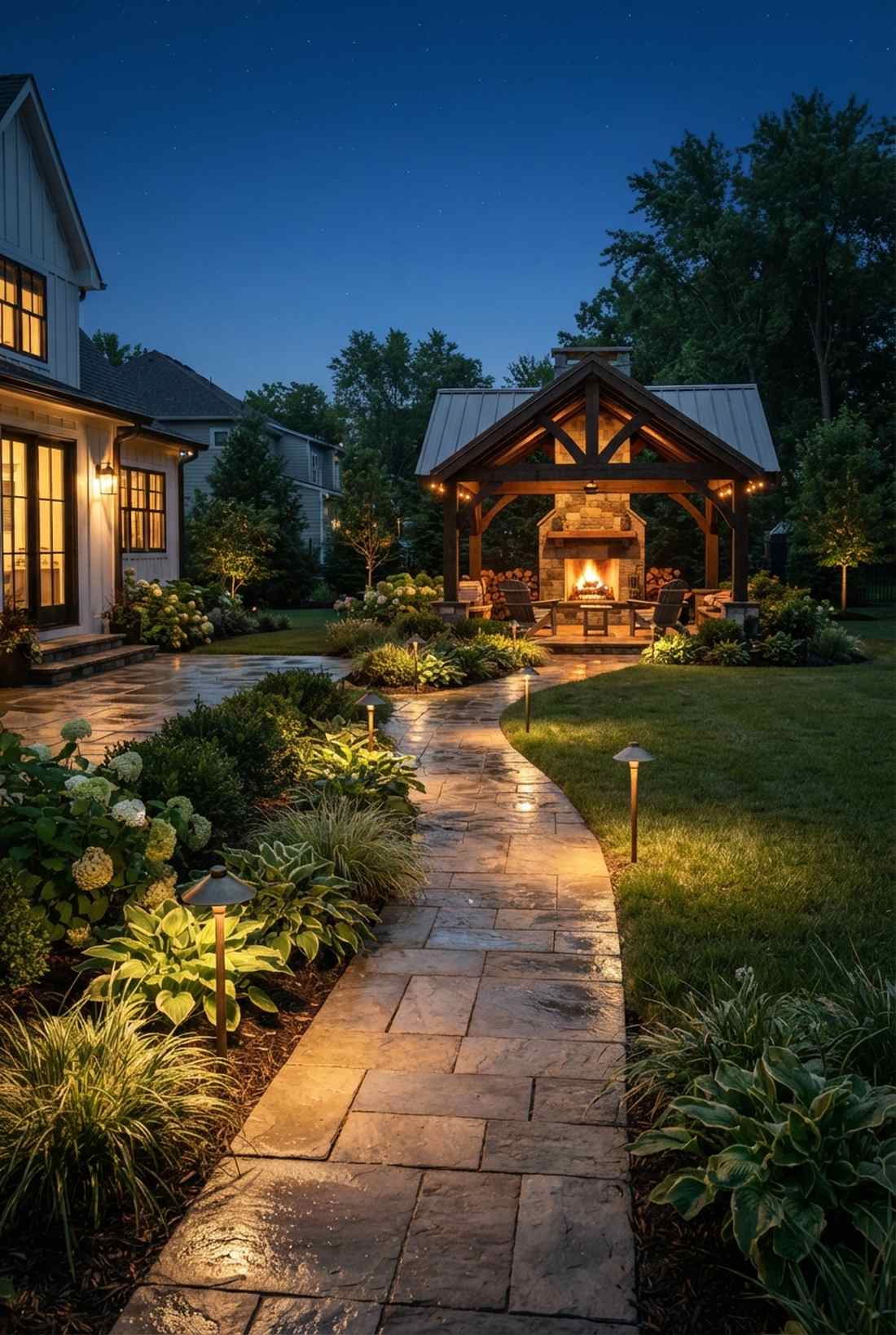 pathway lighting leading to fireplace retreat