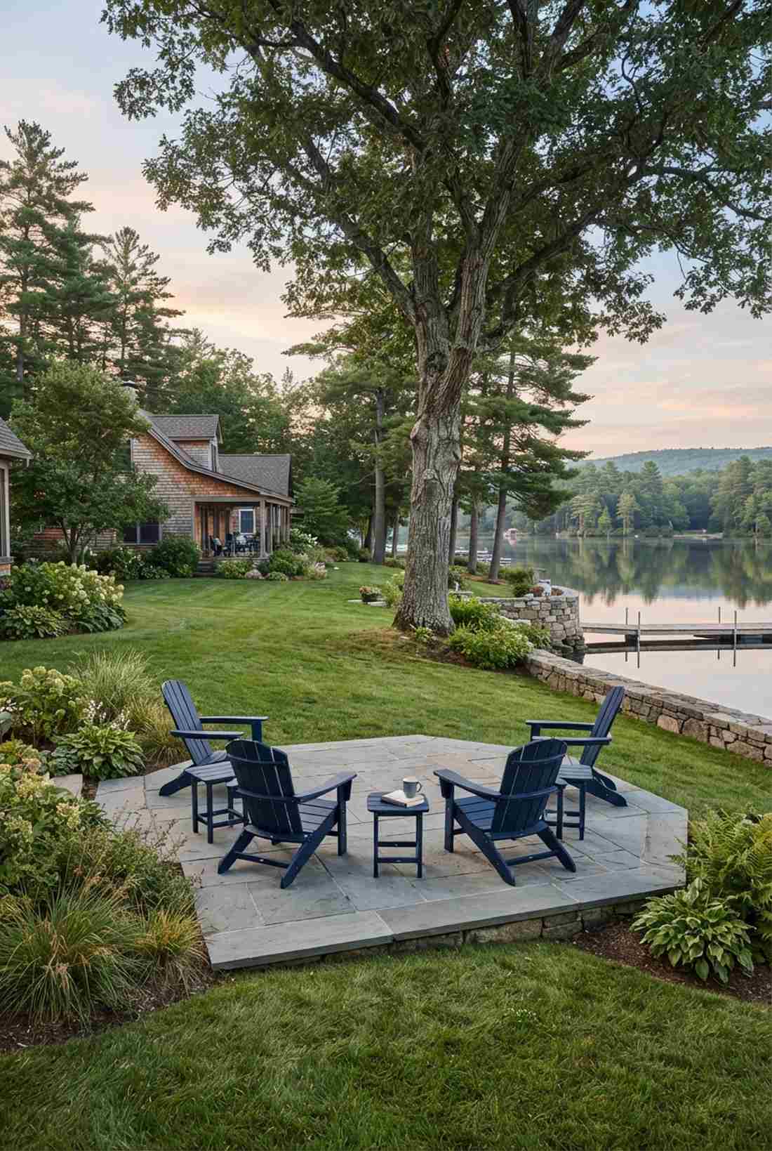 adirondack chairs facing specimen tree