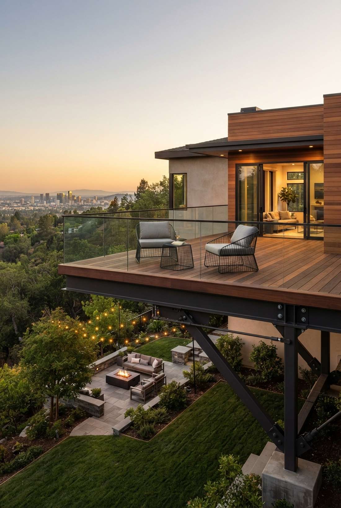 cantilevered lounge decks extending beyond building edge
