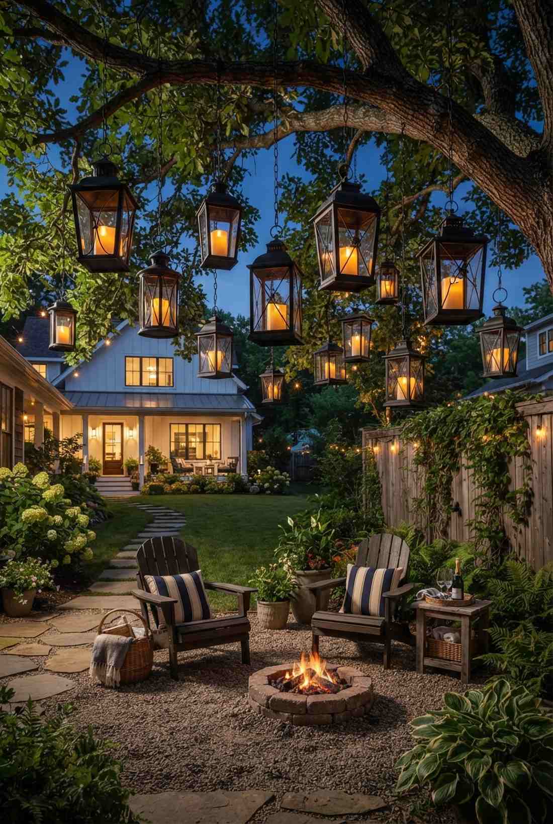 hanging lanterns from tree branches