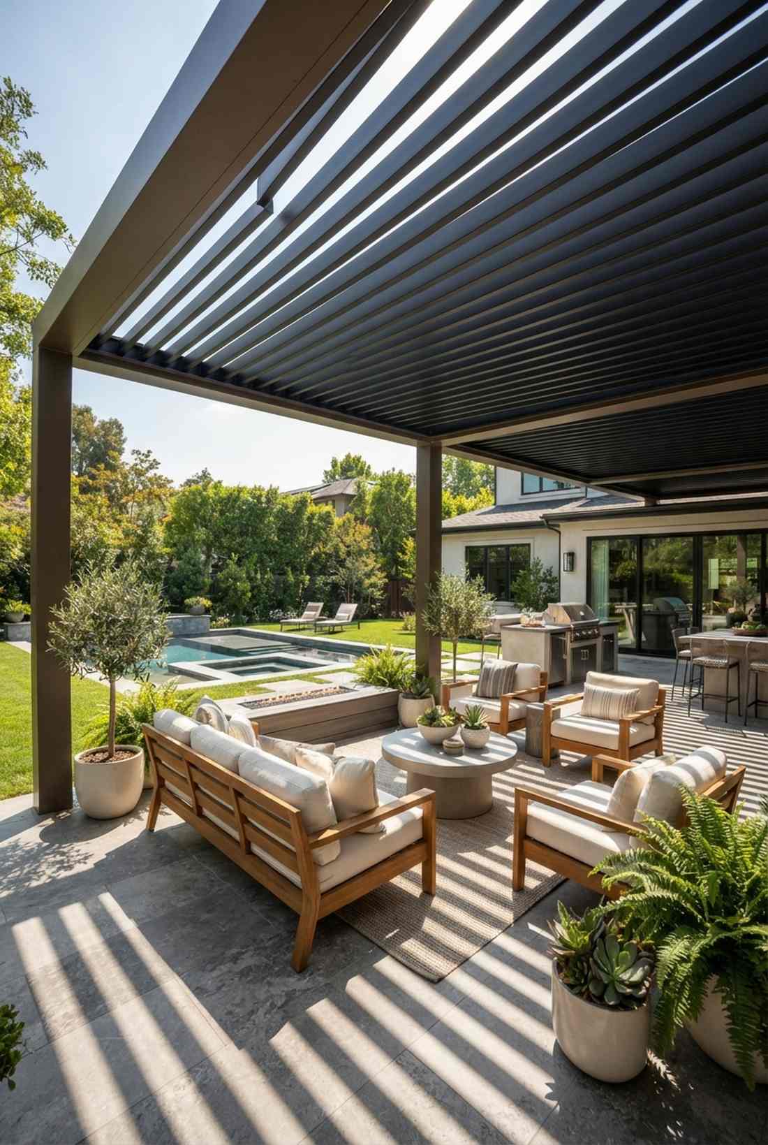 linear slat roof with adjustable spacing