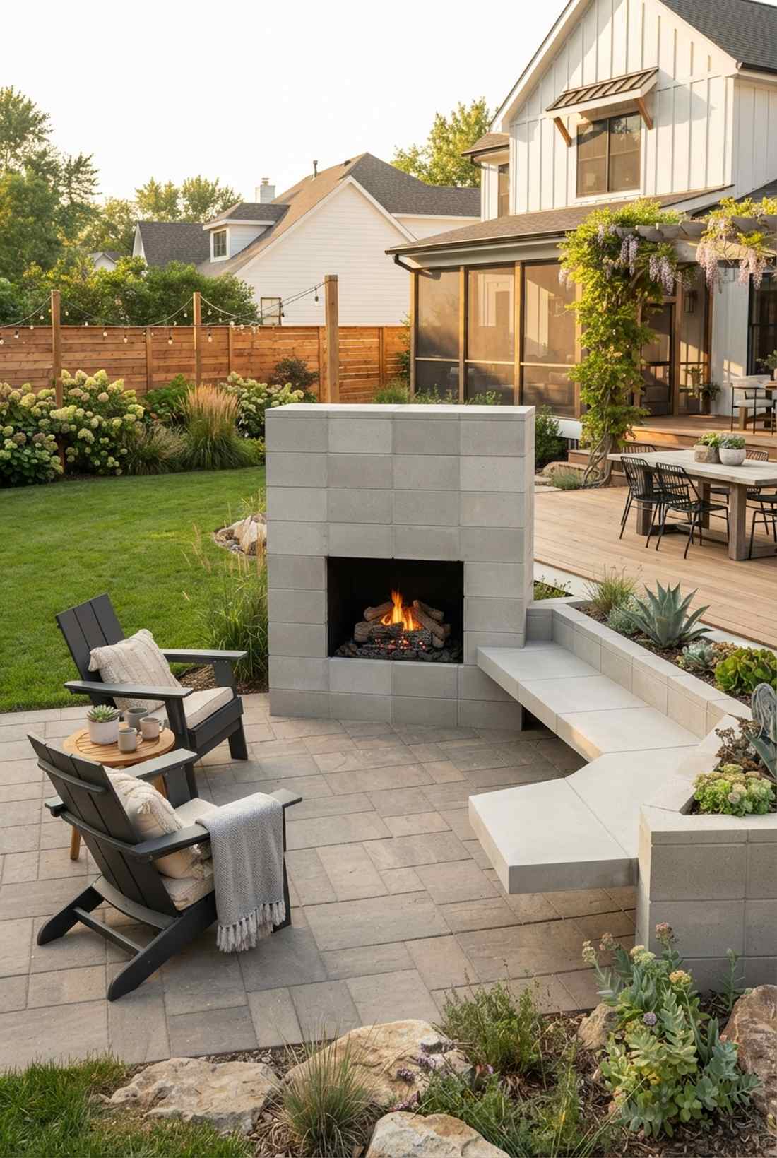 minimalist concrete block fireplace with floating bench