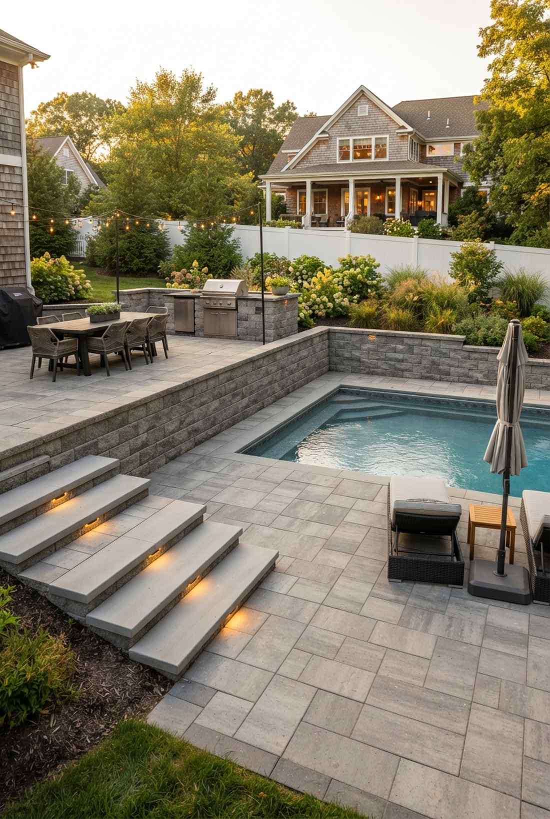 rectangular pool with dual level patio