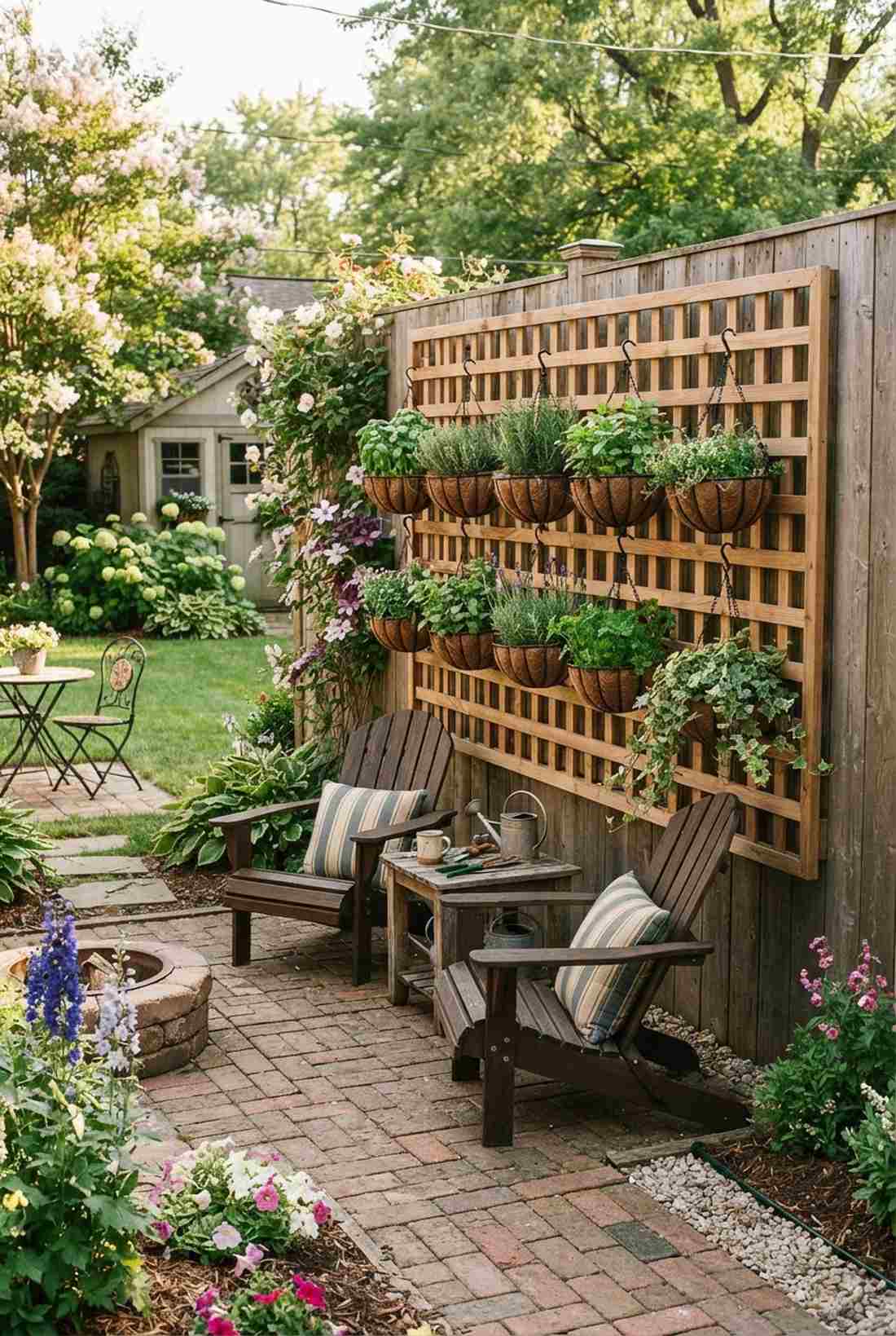 trellis backed container garden