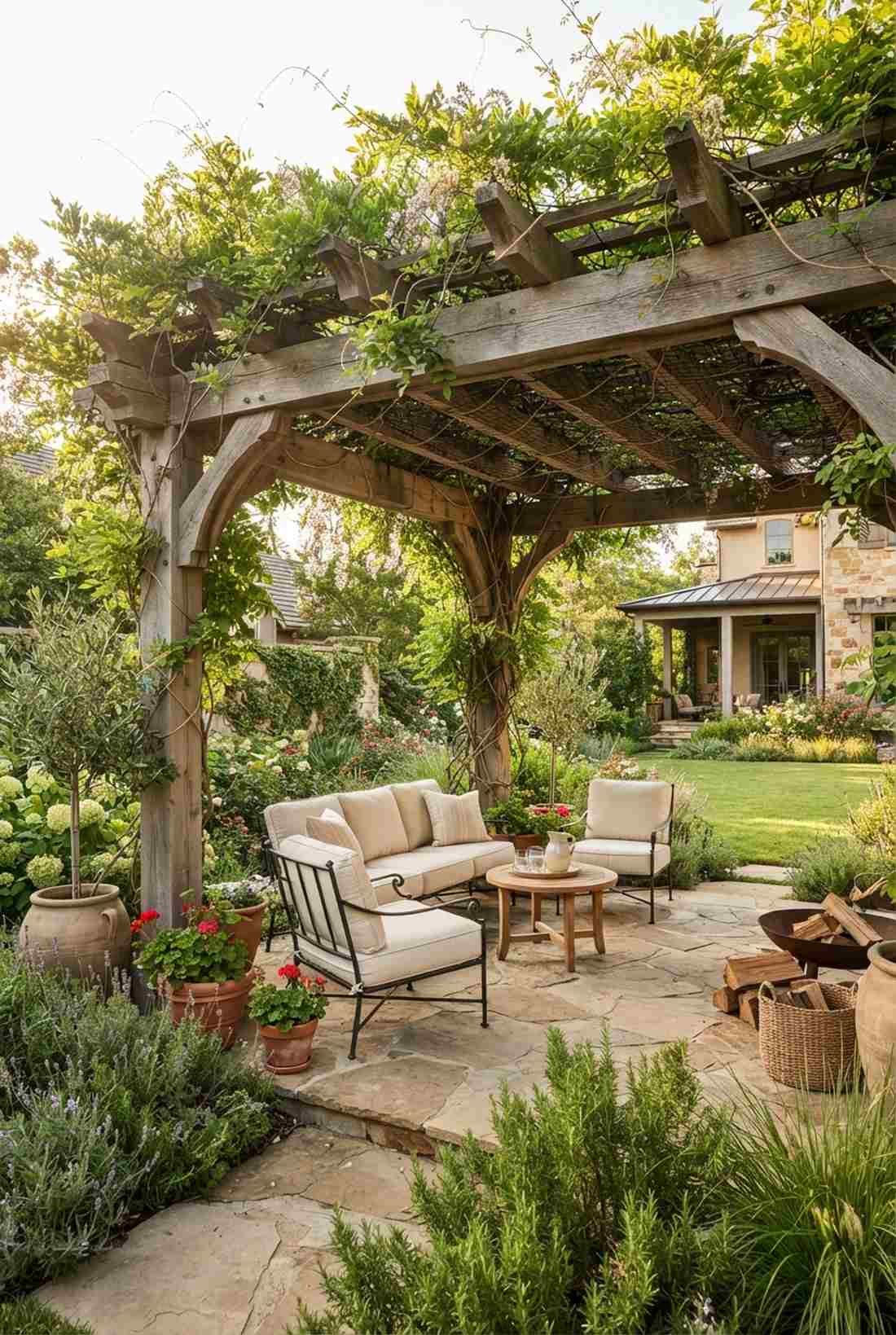 wooden beam pergola with climbing vines