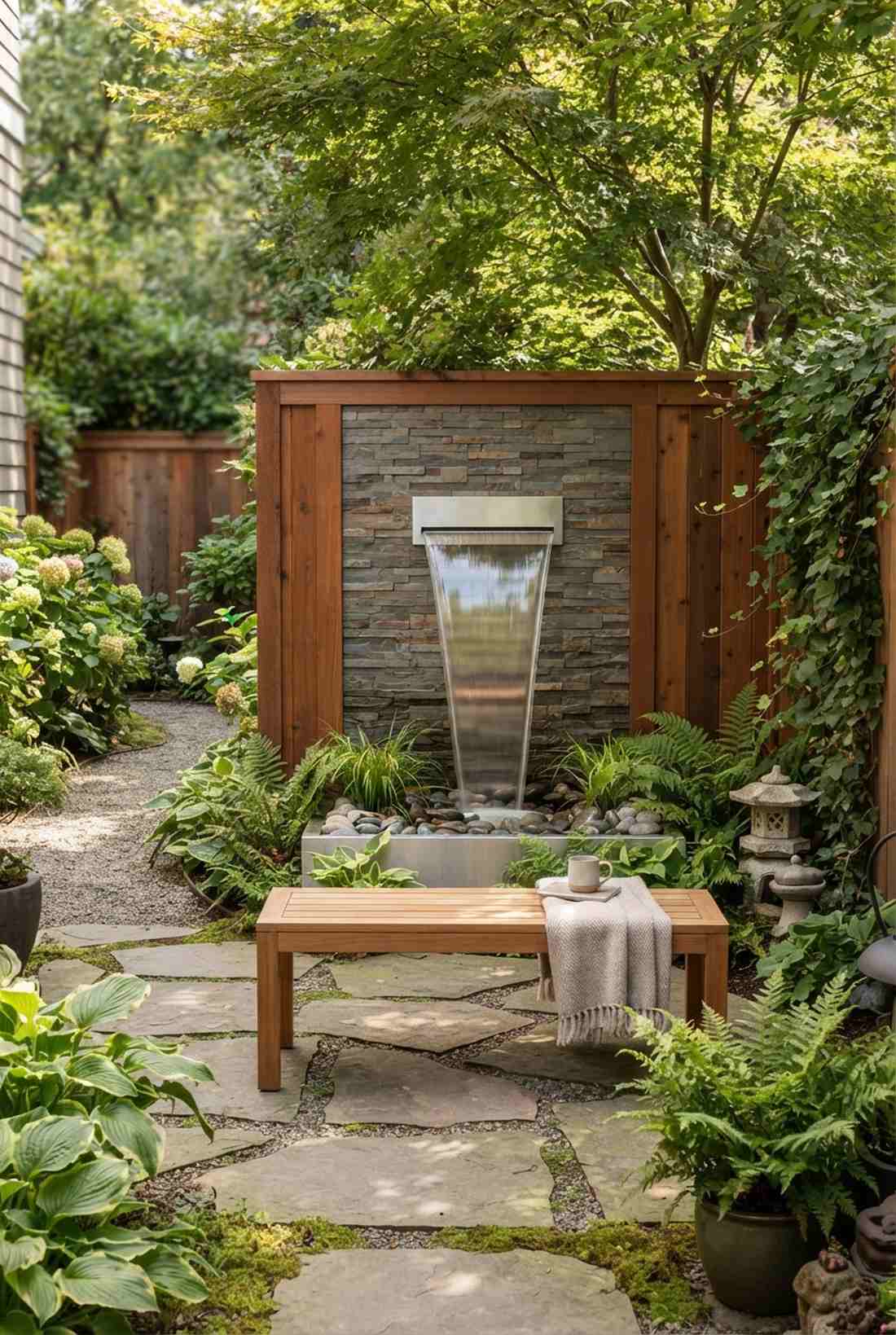 wall fountain with bench facing